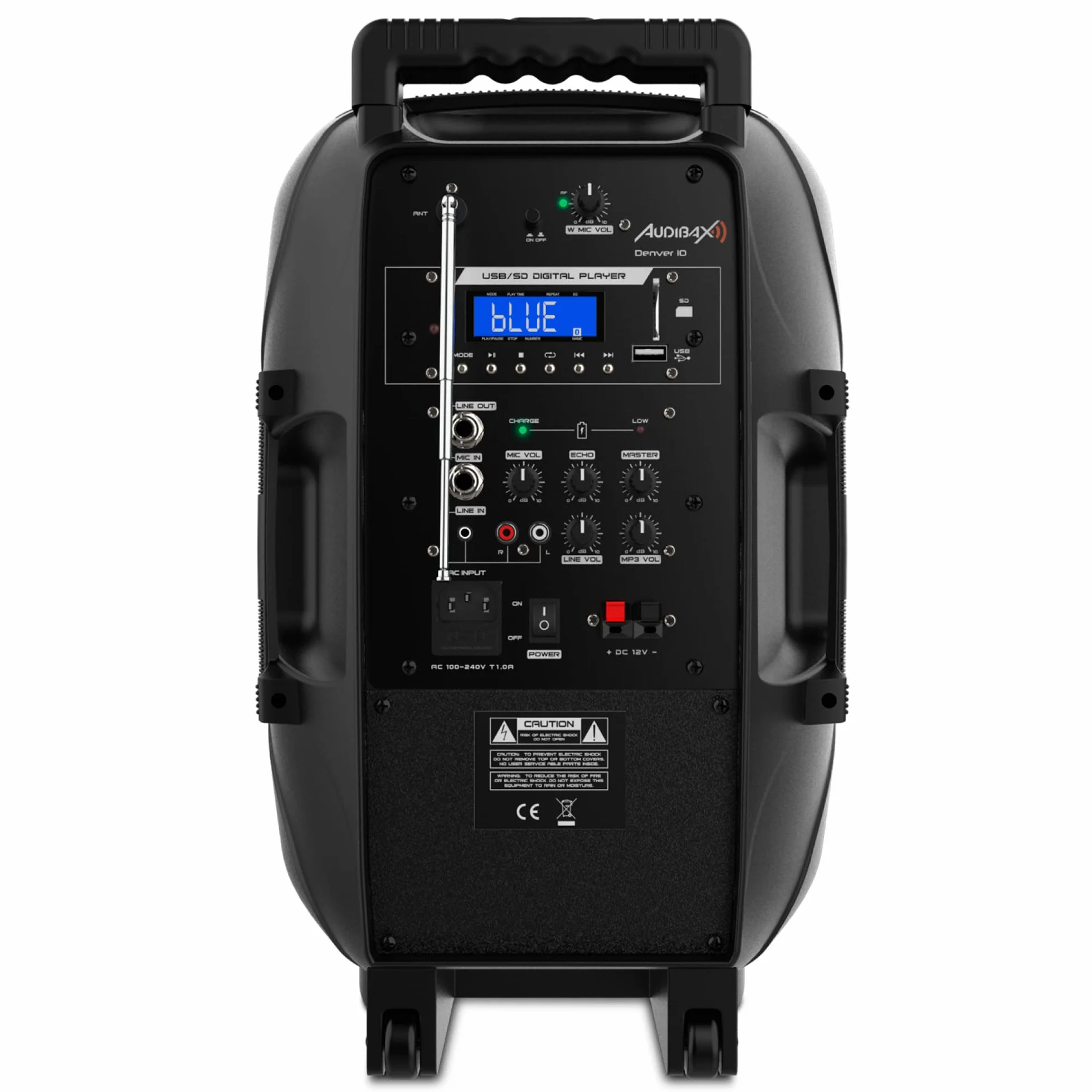 Audibax | Denver Combo Port 10" głośnik VHF - głośnik Bluetooth z USB/SD - system wózka - bateria + kabel AC 12 V - ekran LCD - bezprzewodowy mikrofon - czarny - 385 x 325 x 565 mm