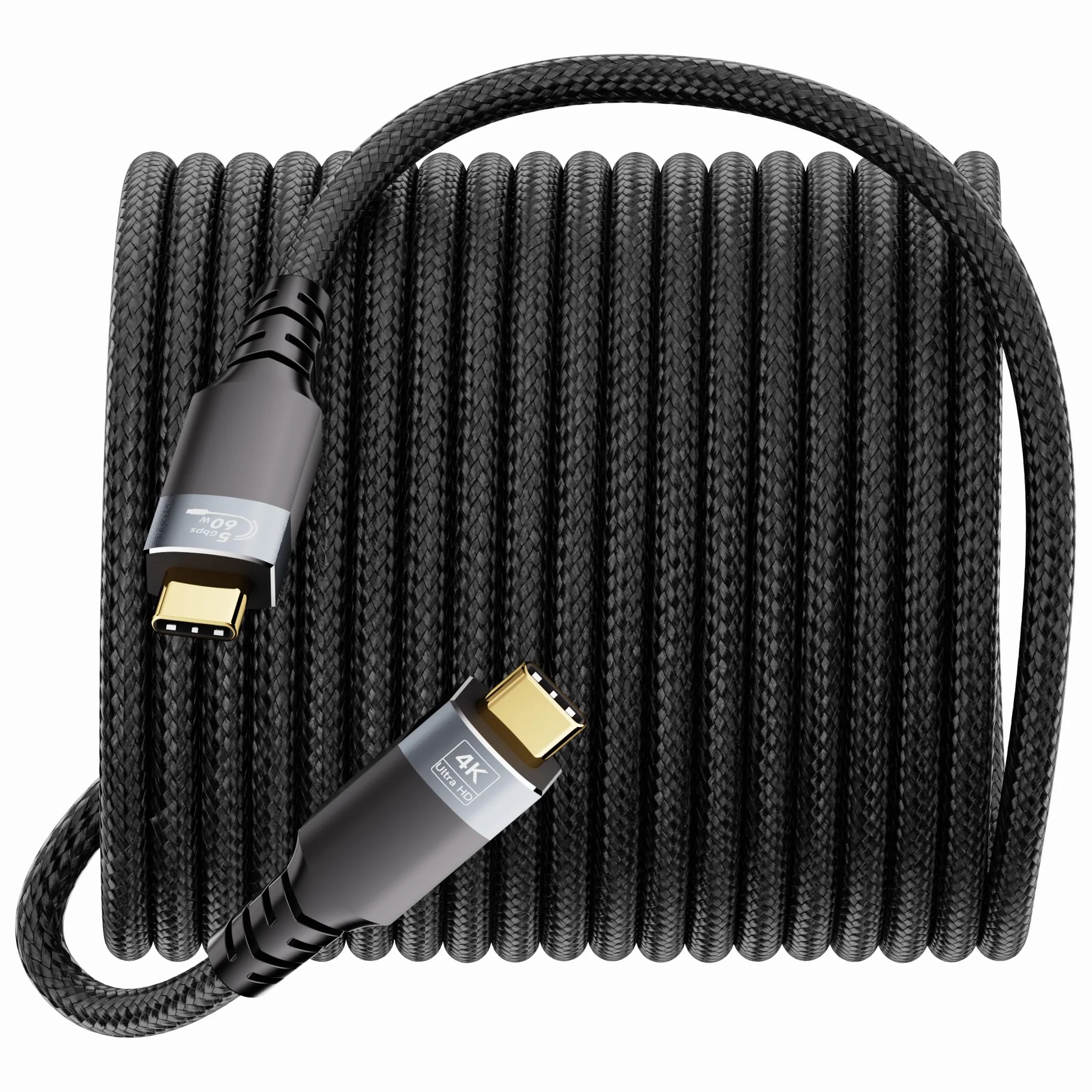 Bardzo długi kabel USB C na USBC, transmisja danych 5 Gb/s, szybkie ładowanie typu 60 W, PD 3.1, wyjście wideo 4K/60 Hz, czarny, pleciony design, uniwersalny do laptopa, stacji dokującej