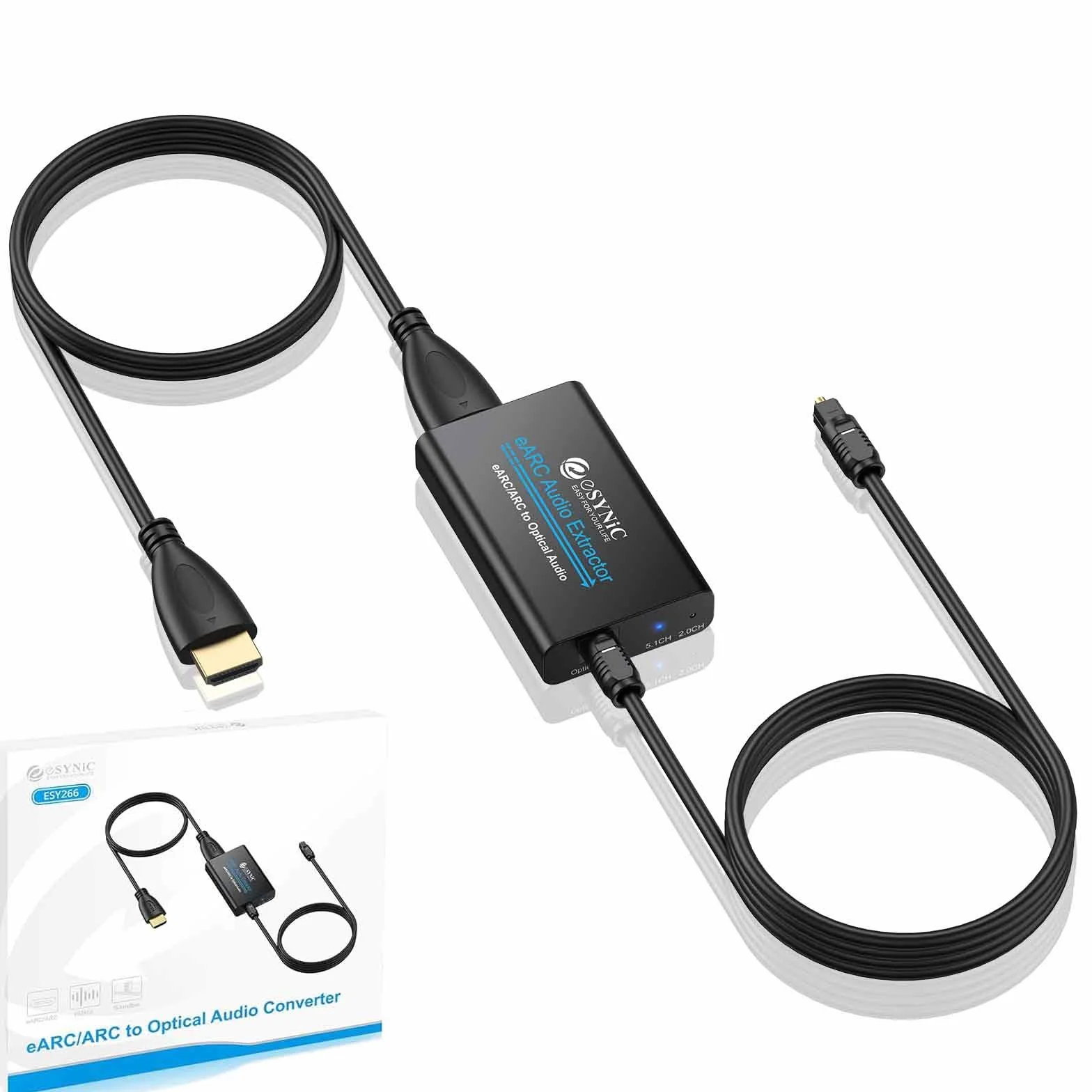 eSynic Profesjonalny ekstraktor audio 192 kHz eARC ARC HDMI do optycznego ekstraktora audio z HDMI i kablem optycznym obsługuje format audio 5.0 i 2.0 do HDTV do soundbara (należy podłączyć telewizor