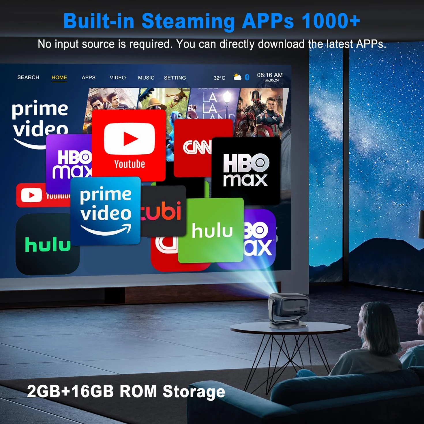 Projektor 4K, elektryczny ostrość, obrót 180°, 26000Lux projektor kina domowego z WiFi 6 i Bluetooth, zoom, korekcja trapezowa, natywny reflektor 1080P do smartfonów z systemem iOS/Android