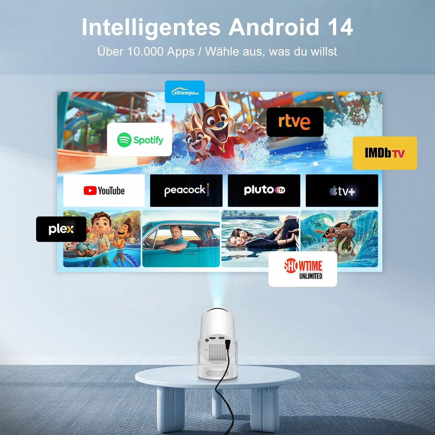 Salange - Projektor HD 720p, Inteligentny Projektor Android 14.0, Wi-Fi 6 (2,4G/5G), BT 5.4, 170 ANSI LM z Automatyczną Korekcją, Kąt 180 stopni, Wideo do Kina Domowego,Biały