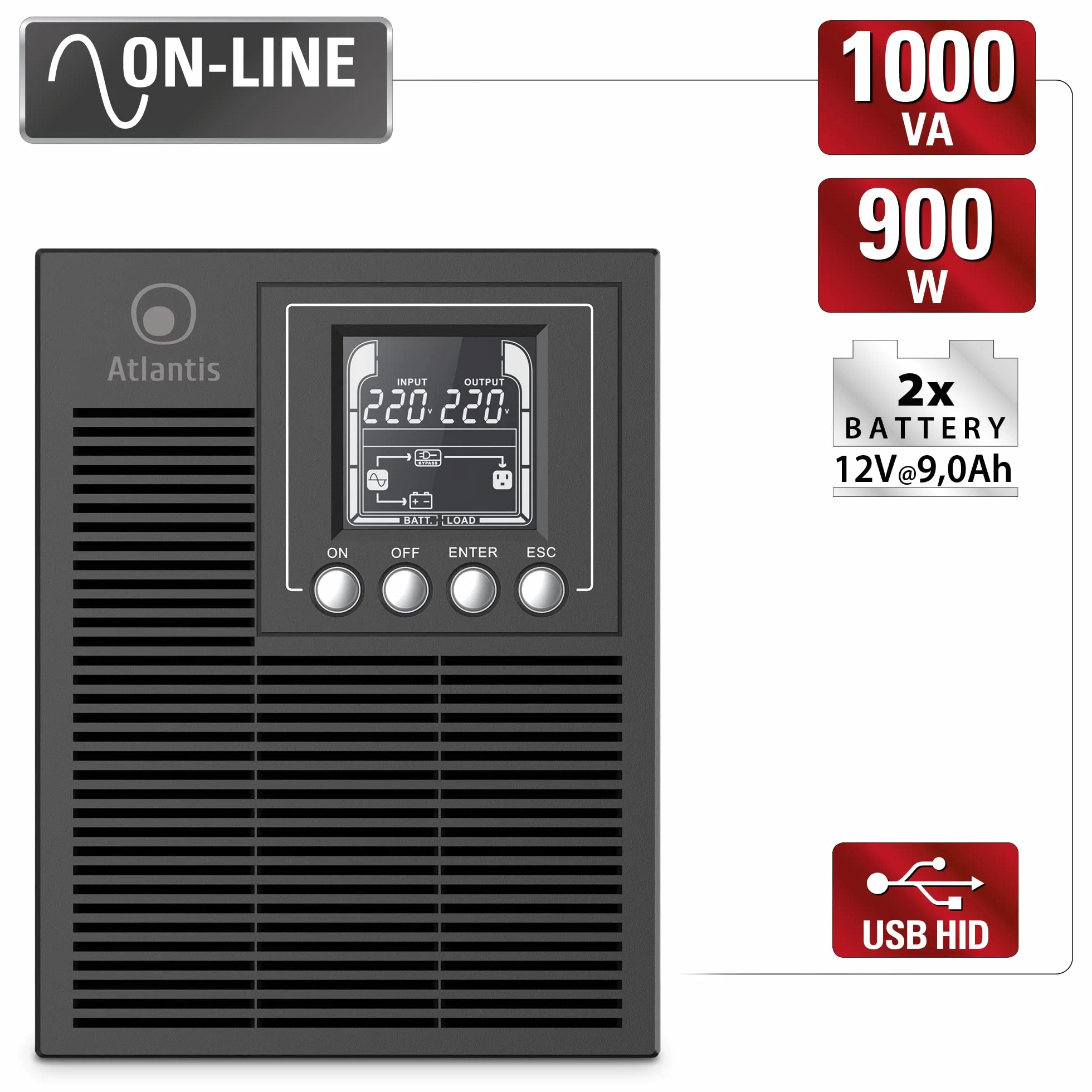 Atlantis A03-OP1002 UPS OnLine zasilacz awaryjny z podwójną konwersją czystej fali sinusoidalnej 1000 VA 900 W, Tower, wyświetlacz LCD, USB, szeregowy RS-232, 4 wyjścia IEC, port EPO, gniazdo SNMP, 2