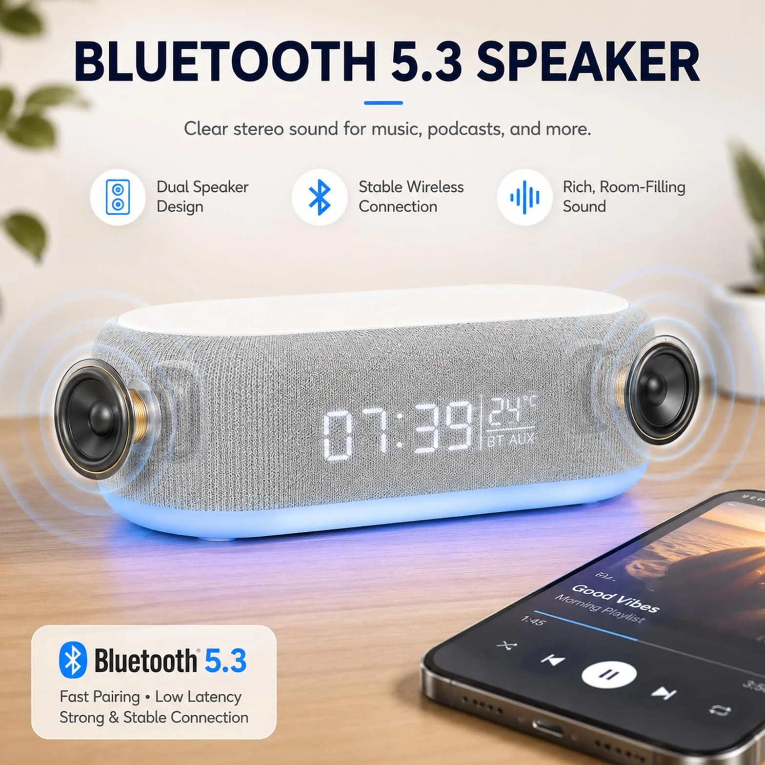 BYZESTY Radiobudzik Bluetooth z ładowaniem bezprzewodowym 15W, budzik radiowy cyfrowy, budzik audio Bluetooth cyfrowy 6 w 1 z światłem nocnym i zegarem, ładowarka USB do nocnego stoliku i biurka