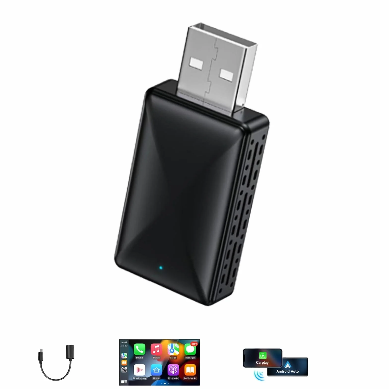 Mini bezprzewodowy adapter Carplay 2025, łatwy w konfiguracji i aktualizacji przewodowej CarPlay i Android Auto do bezprzewodowego, szybkie łączenie, przenośny mini klucz do zabawy, pasuje do