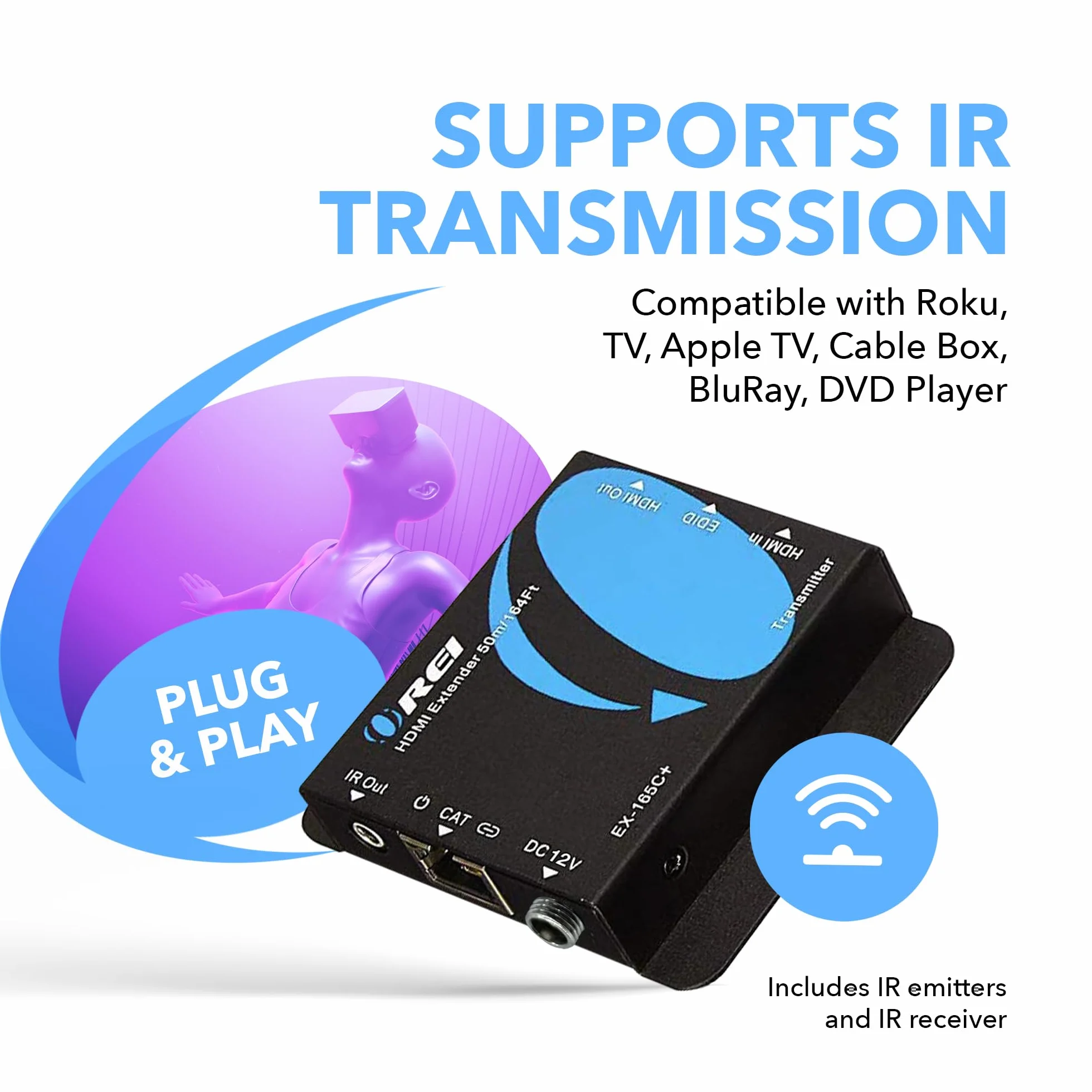 OREI Przedłużacz HDMI przez Ethernet przez CAT5/CAT6, z podczerwienią do 164 stóp - wyjście pętli - Full 1080P przy 60 Hz Pover Over Cable Dystrybucja sygnału Full HD