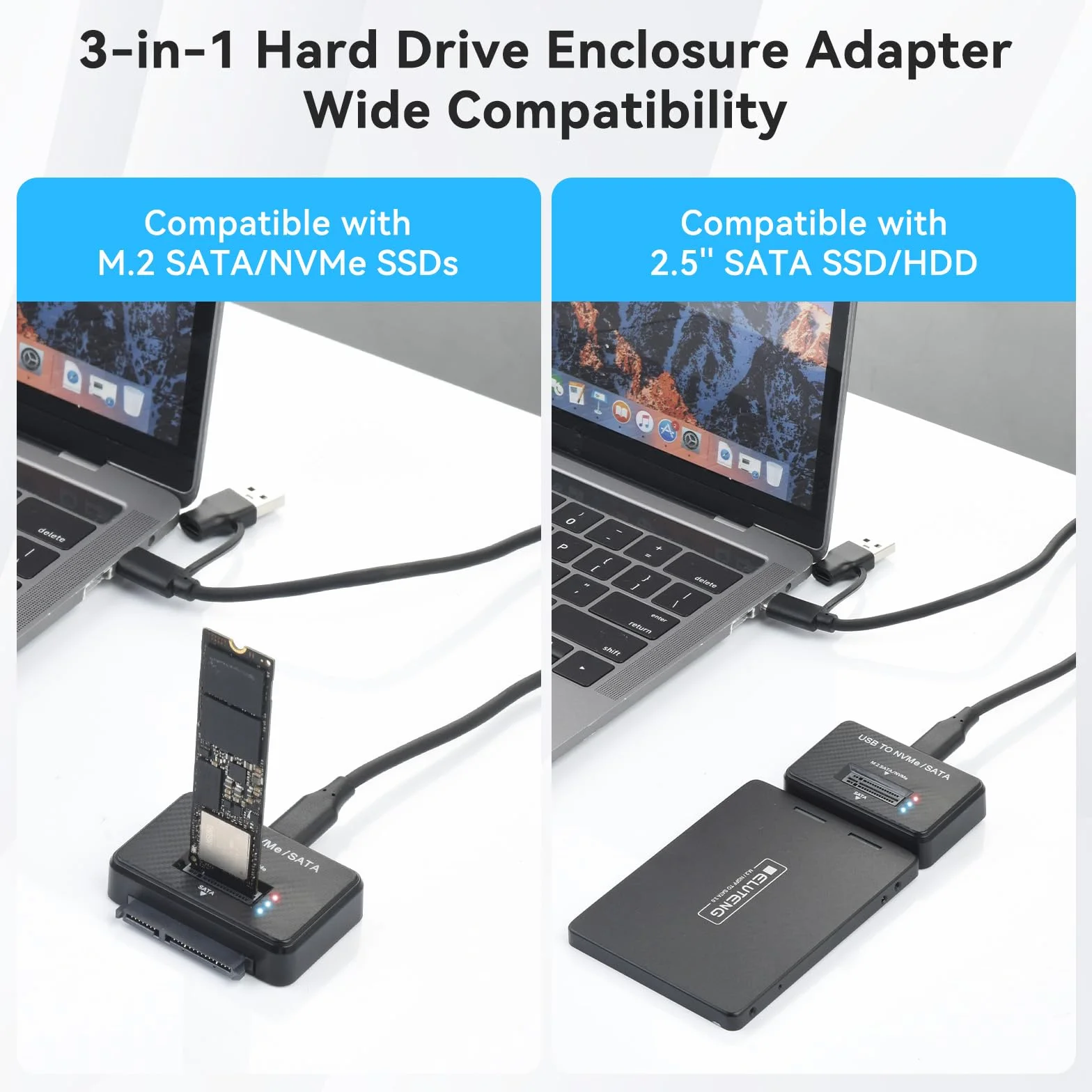 ELUTENG Stacja dokująca M.2 NVME i SATA, zewnętrzna obudowa USB 3.1 NVMe SSD 10 Gbps na USB do klucza M-Key B&M, Dual Protocol Adapter do SSD 2230/2242/2260/228