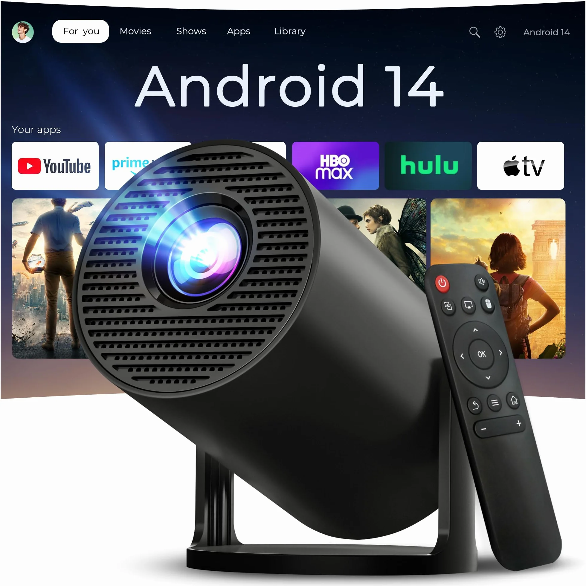 Mini projektor ze zintegrowanym WiFi i Bluetooth, Android 14, 1080P 4K, przenośny projektor z obrotem 180°, wersja HY300pro+ do użytku domowego i zewnętrznego LYNCAST X1