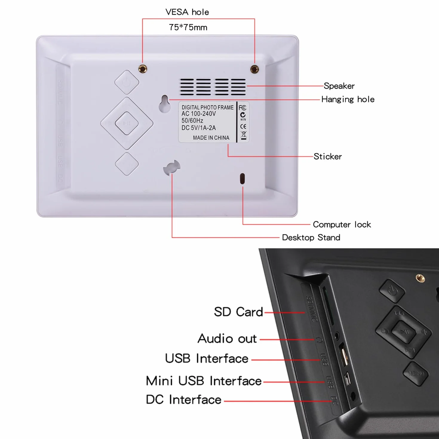 Cyfrowa ramka na zdjęcia z wyświetlaczem HD Wielofunkcyjny odtwarzacz multimedialny kompatybilny z muzyką wideo kalendarz i budzik Karta SD USB do 32 GB