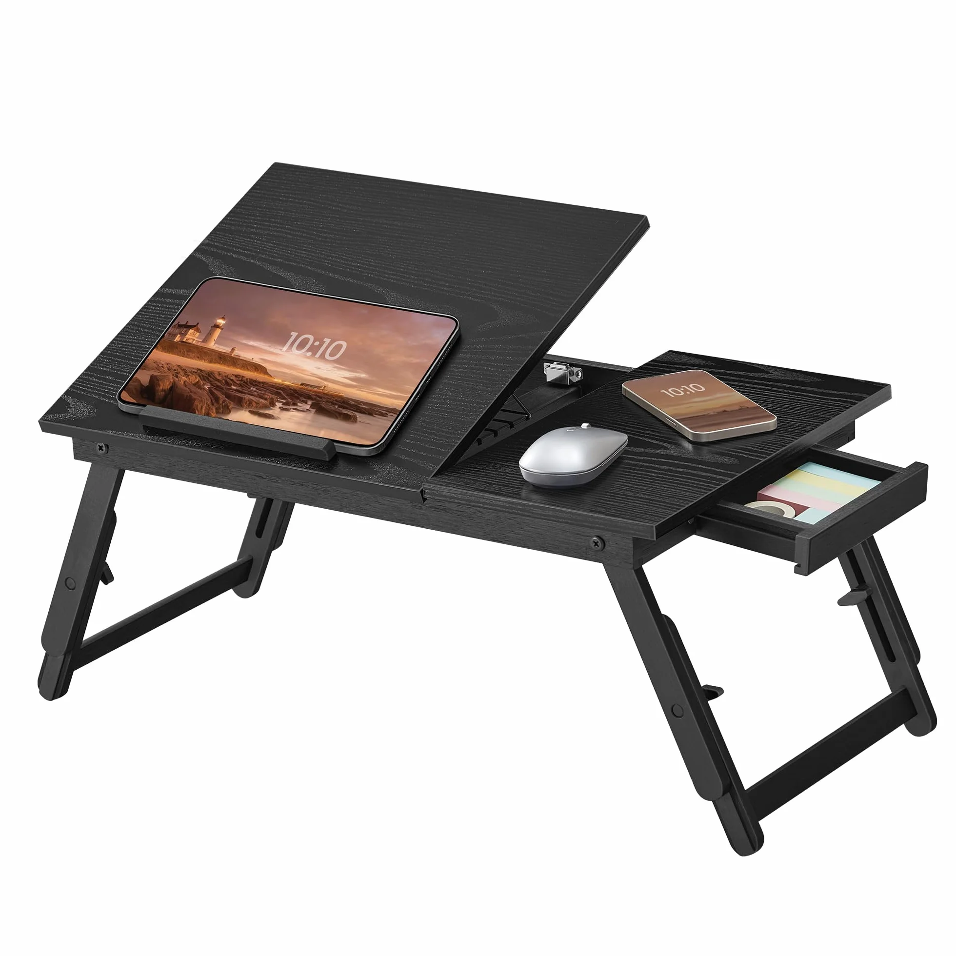 SONGMICS LLD105BE01 stolik na laptopa, łóżko z regulowanym kątem i wysokością, składany stojak na laptopa do 15,6 cala, do pracy, czytania, śniadania, bambusa, szuflady, czarny atrament