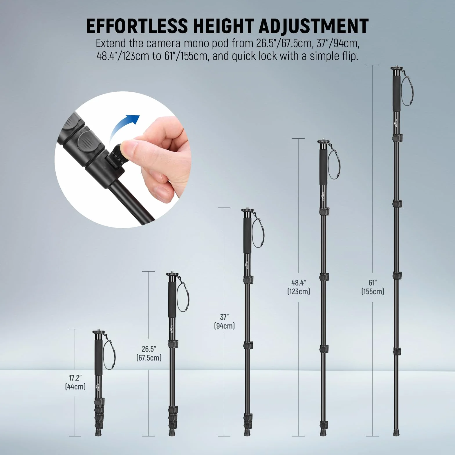 Neewer Stojak monopod na kamerę 61"/155 cm, przenośny podróżny monopod wideo ze stopu aluminium z adapterem śrubowym 1/10.2 cm 3/20.3 cm do kamery DSLR, profesjonalne akcesoria do aparatów, maksymalne