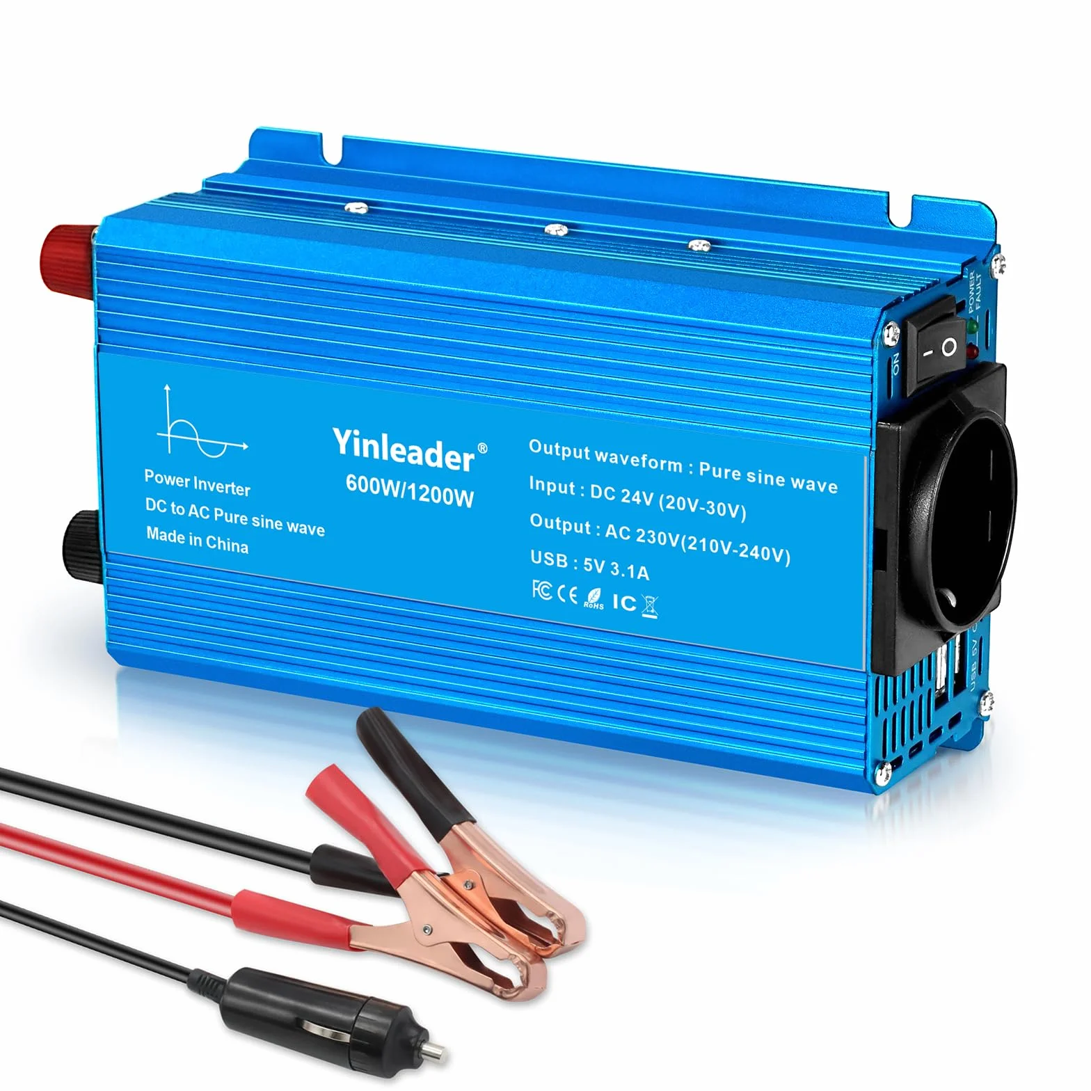 Yinleader 24 V na 230 V, 600 W/1200 W, czysty falownik sinusoidalny, przetwornica napięcia do samochodów ciężarowych i przyczep kempingowych, z podwójnym USB i gniazdkiem, kompaktowy przetwornik prądu