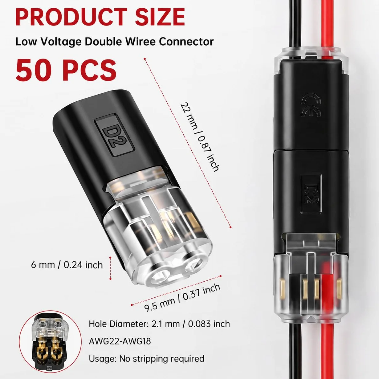 50 sztuk samochodowych złączek kablowych, 2-biegunowych, wtykowych LED bez zdejmowania izolacji, podwójne złącze wtykowe do kabli 18-22 AWG, 12 V, szybkie złącze wtykowe do elektroniki samochodowej