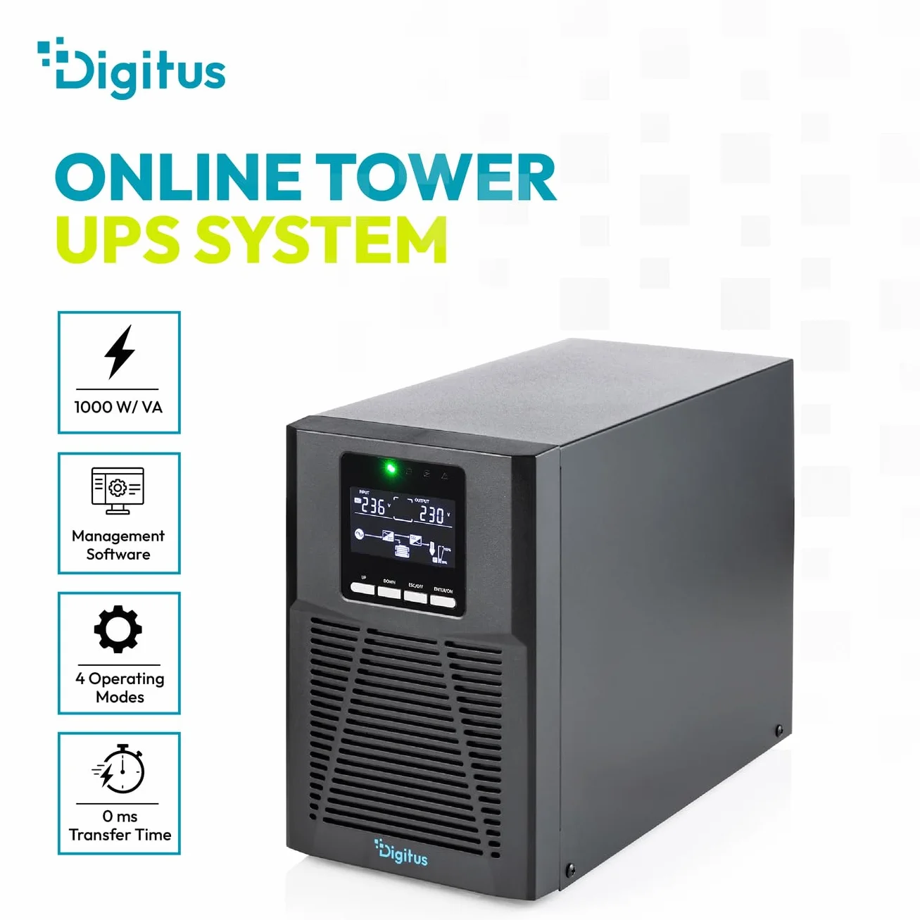 DIGITUS Zasilacz awaryjny – system UPS typu online – 1 kVA 1 kW – 4 gniazda IEC C13 – współczynnik mocy 1,0 – oprogramowanie UPS – porty RS232, RJ45 i USB – obudowa typu tower – czarny