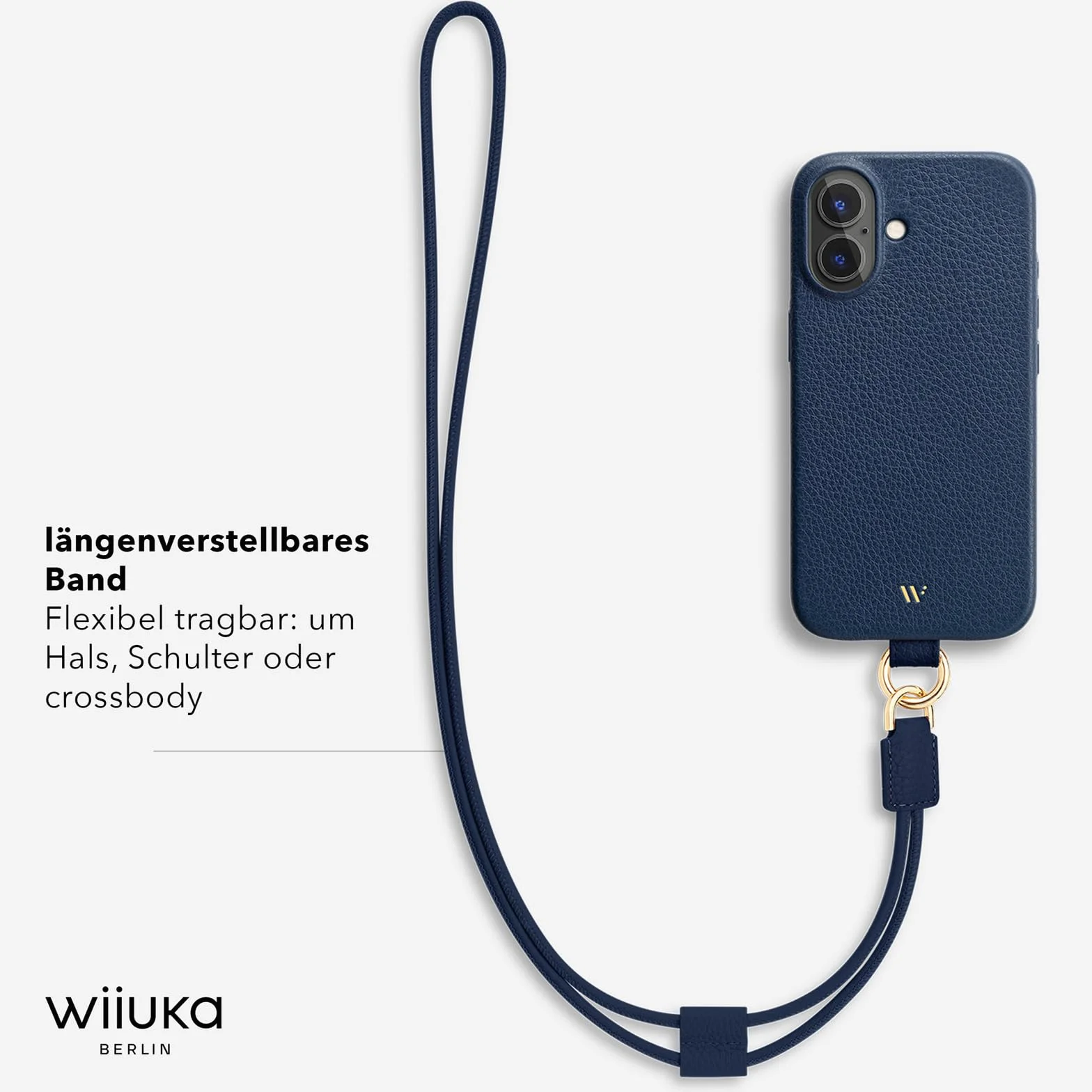 WIIUKA Etui do iPhone 17, skórzane etui z Niemiec, skórzane etui na telefon komórkowy, wysokiej jakości etui na telefon komórkowy, etui, łańcuszek, pętla narciarska, ciemnoniebieskie niebieskie