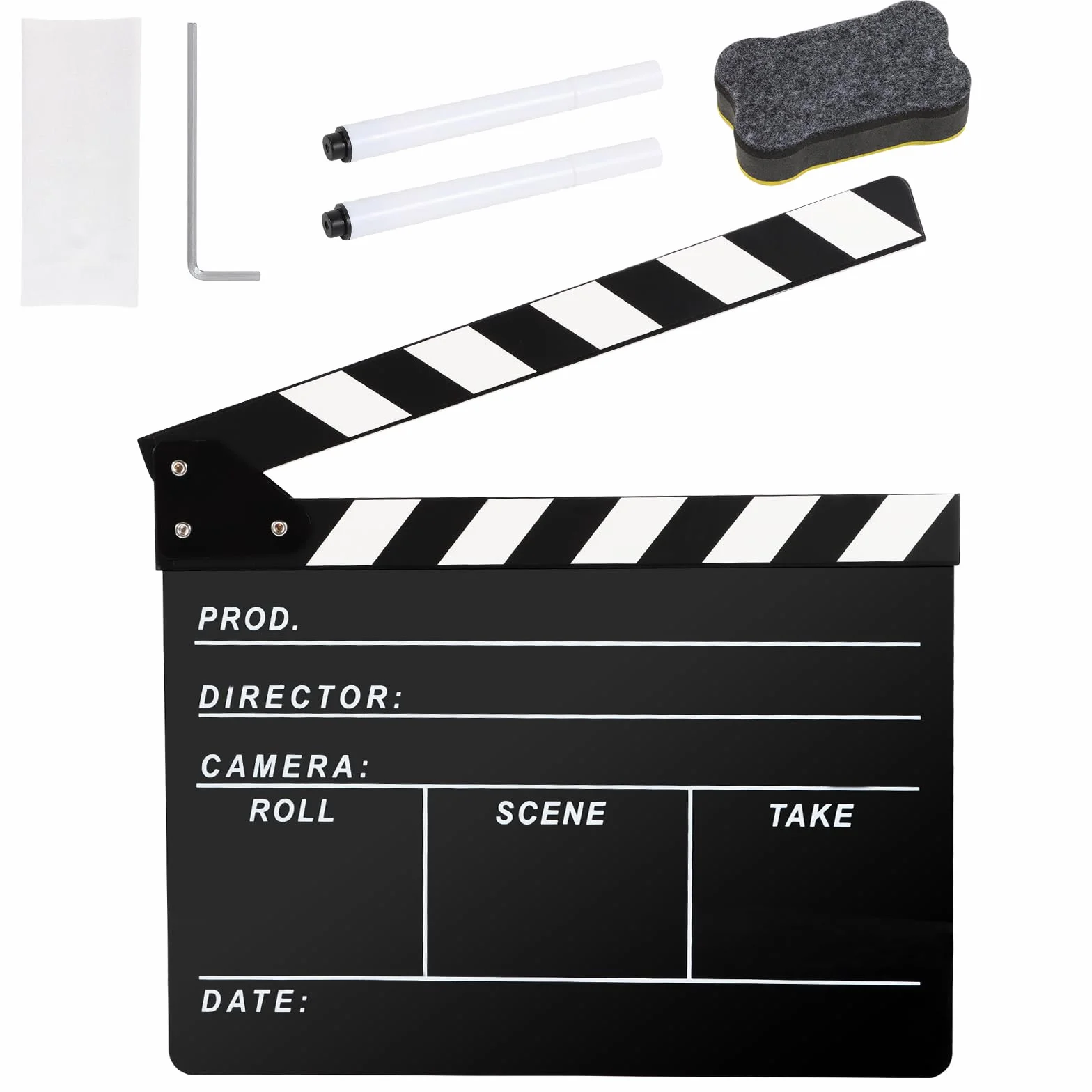Reżyserzy Clapboard do filmu, Hollywood Slate Move Photography Video TV Cut Action Scene Akrylowa tablica z magnetyczną gumką do tablicy, dwa niestandardowe długopisy, ściereczka do