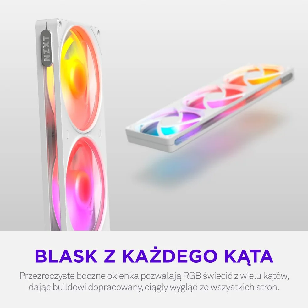 NZXT F360 RGB - Wentylator RGB PWM single-frame 360mm - Biały | Zestaw single-frame 360mm z trzema wentylatorami PWM RGB 120mm. Żywe RGB i łożyska hydrodynamiczne dla cichego chłodzenia.