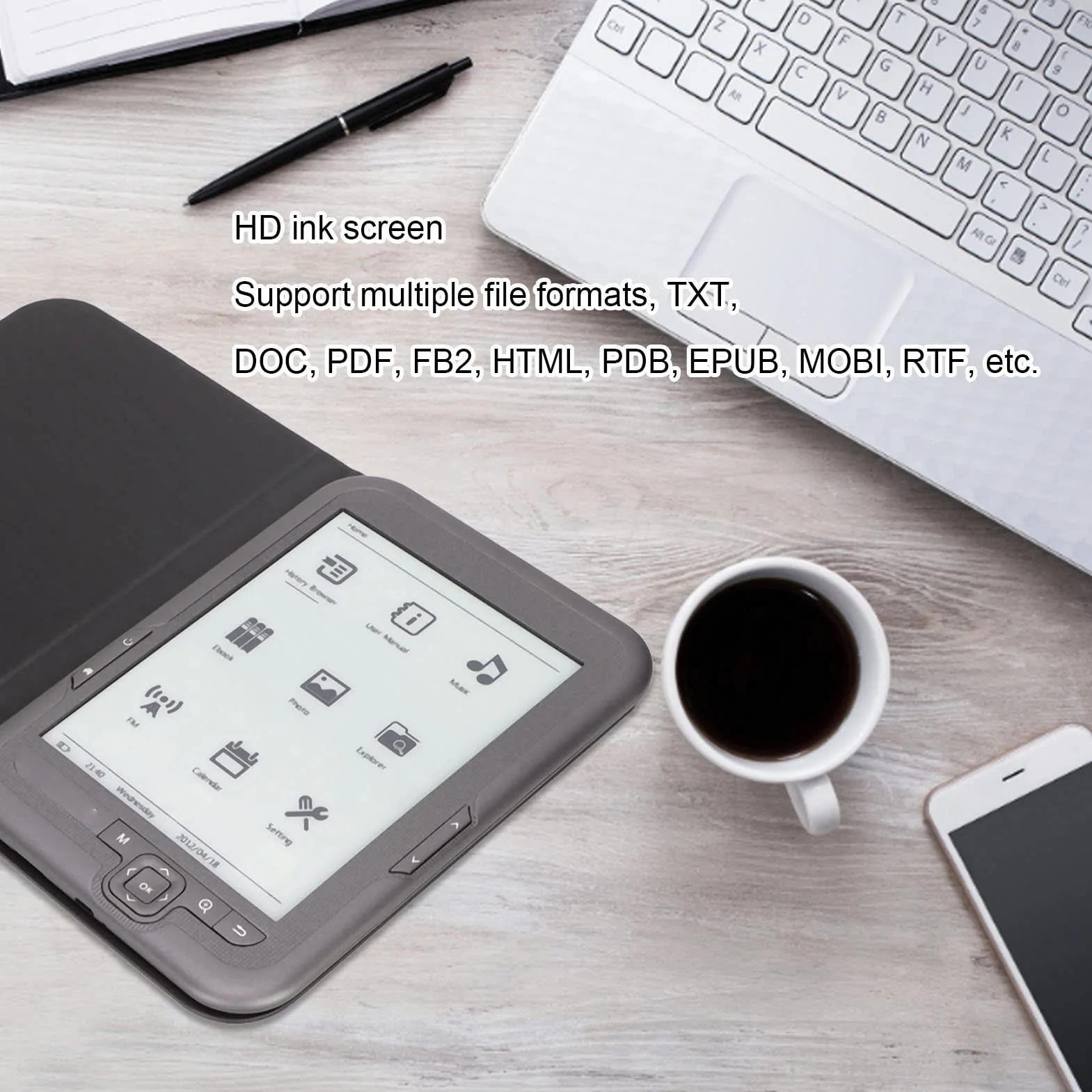 Ereader, Czytnik Ebooków 6In 800X600 HD Ink Screen, Ink Screen E Reader z Futerałem Ochronnym Słuchawki, Obsługa Funkcji Zoom, Zakładki, FM, Odtwarzanie Muzyki Redukcja Niebieskiego(4 GB)