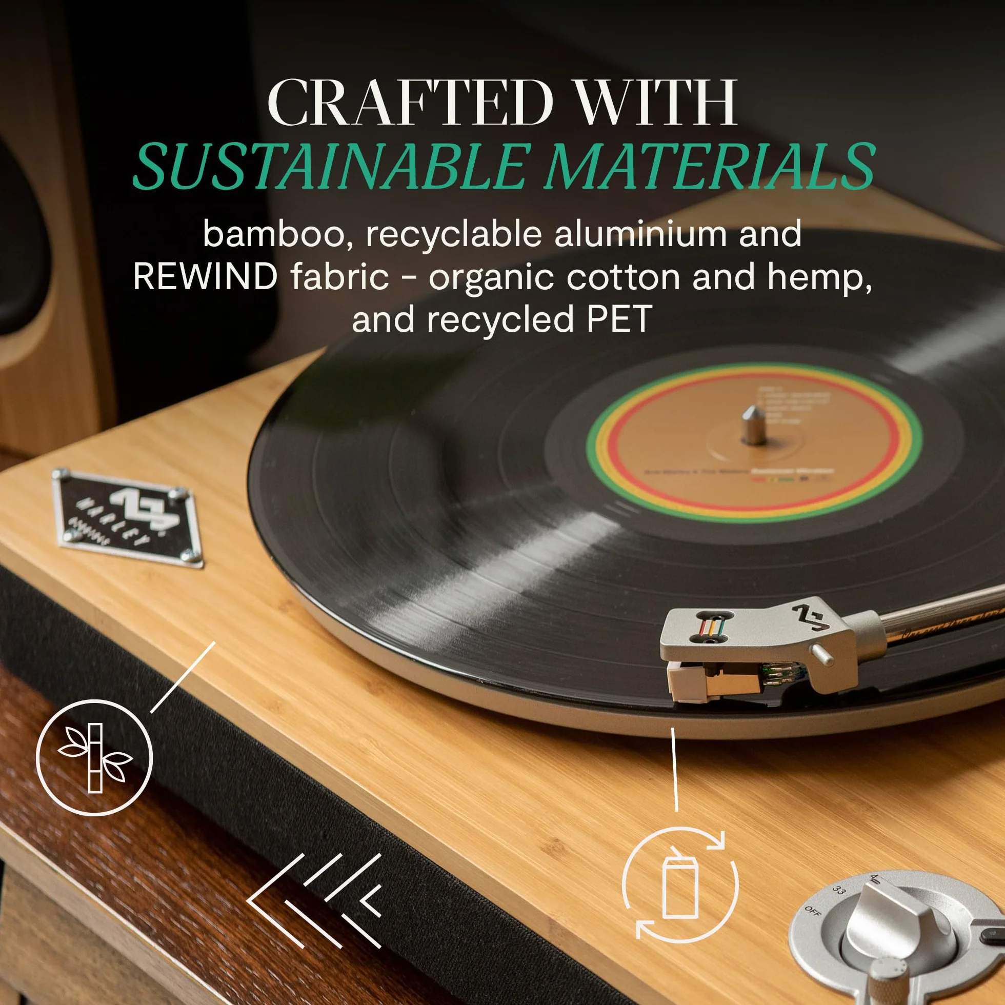House of Marley Stir It Up Bezprzewodowy Gramofon Bluetooth, Zrównoważony Gramofon Bambusowy, Bambus, Czarny