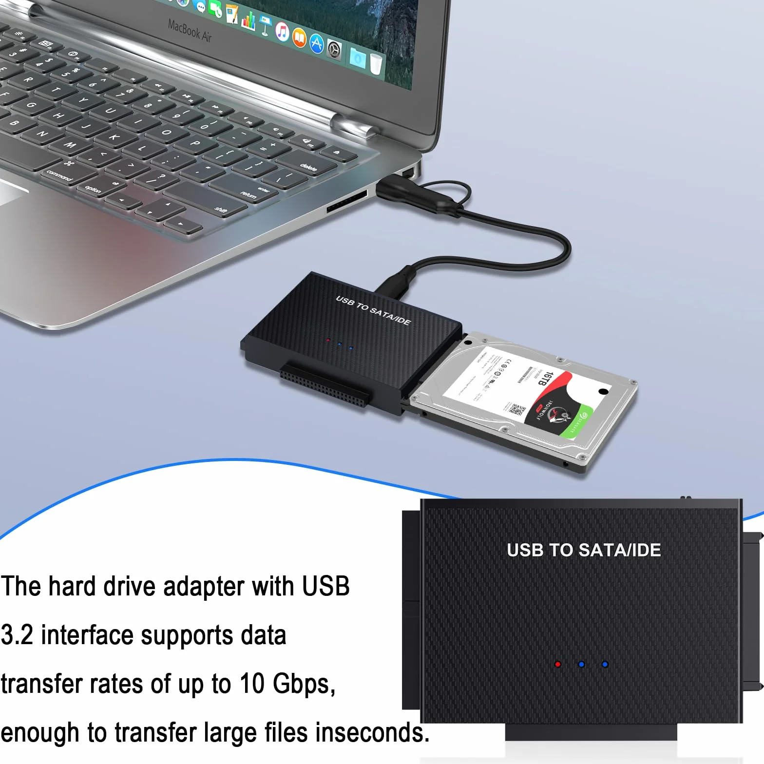 Adapter USB 3.2 na SATA/IDE, dysk twardy, odpowiedni do dysków twardych SATA 6.3 cm i 8.9 cm, obsługuje pojemność 6 TB, z zasilaczem 12 V 2 A, kompatybilny z Windows/Mac OS/Linux itp.