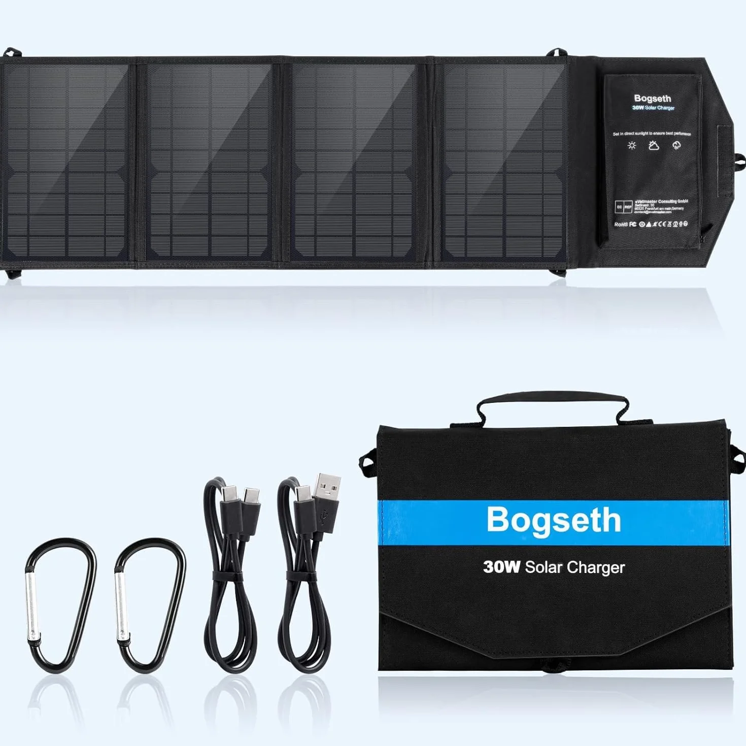 Bogseth Panel słoneczny 30 W, składany, 2 porty USB, wodoszczelna, przenośna ładowarka solarna do telefonów komórkowych, PD18 W QC3.0 USB C panel słoneczny do użytku na zewnątrz, ładowarka kempingowa
