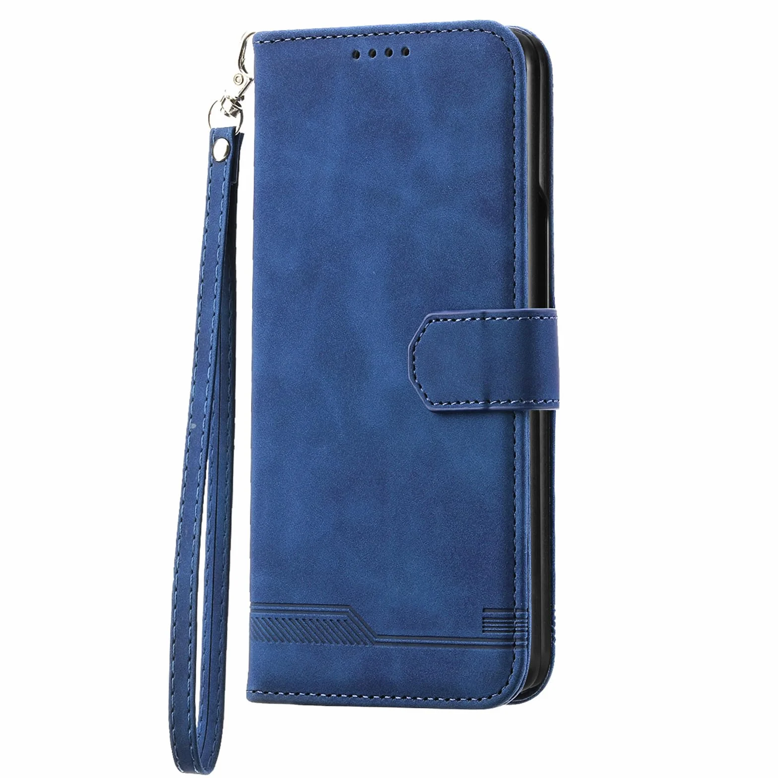 Portfel ochronny do Samsunga Galaxy Z Fold 5, skórzane etui z klapką z paskiem na nadgarstek, miejsce na kartę, pełna ochrona ciała, etui na telefon komórkowy, niebieski