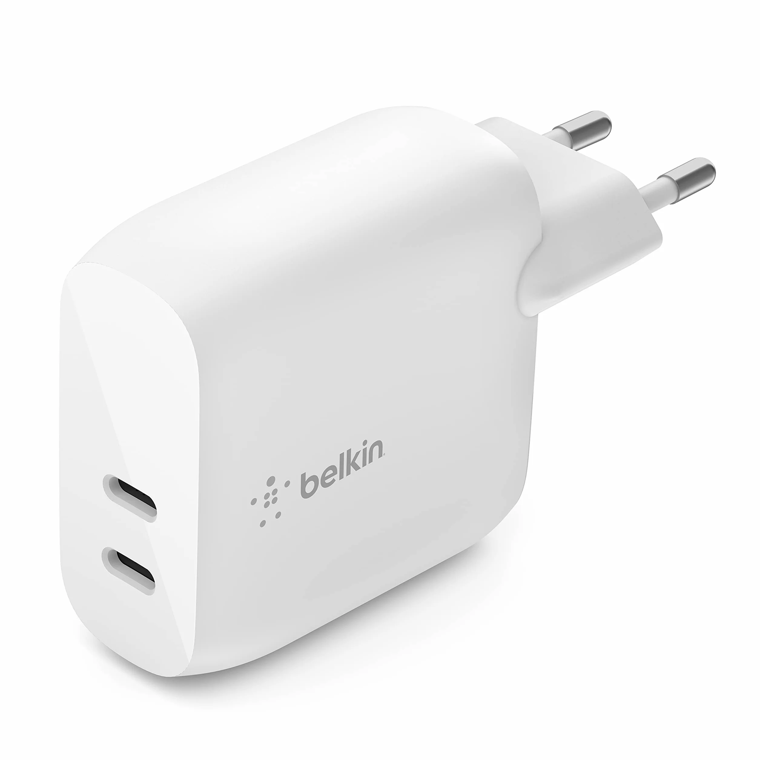 Belkin 40 W USB-C PD Ładowarka sieciowa (2 porty USB-C zapewniające 20 W na port z Power Delivery do szybkiego ładowania iPhone’a 14/14 Plus, 13, Pro/Pro Max, Mini, iPad Pro, Galaxy i innych urządzeń)