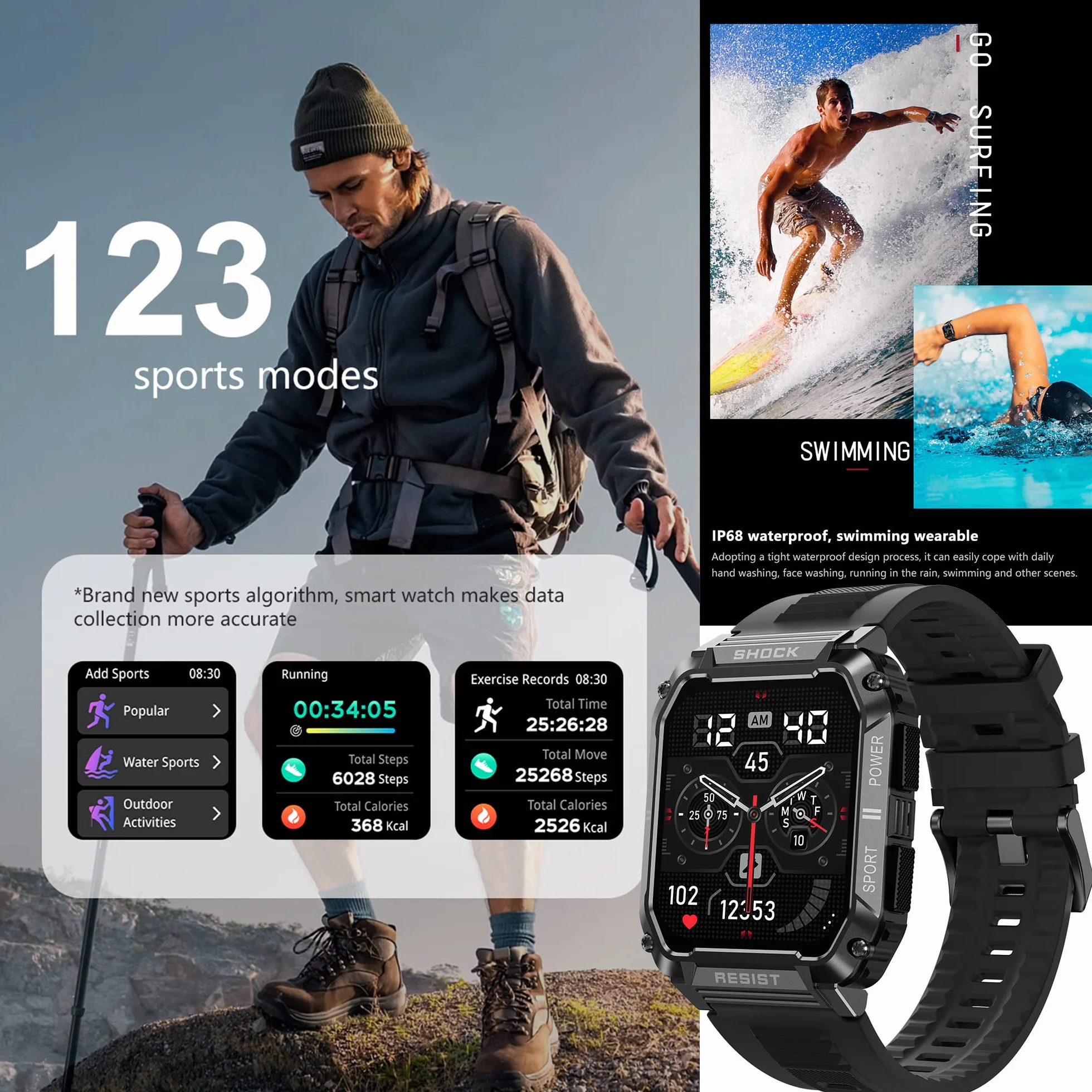 Smartwatch Męski Inteligentny Zegarek Który Może Wykonywać i Odbierać Połączenia 1,95” Fitness Tracker 123 Sportowych Wodoodpornością 5ATM Asystent Głosowy AI dla telefonów z Android iOS (czarny)