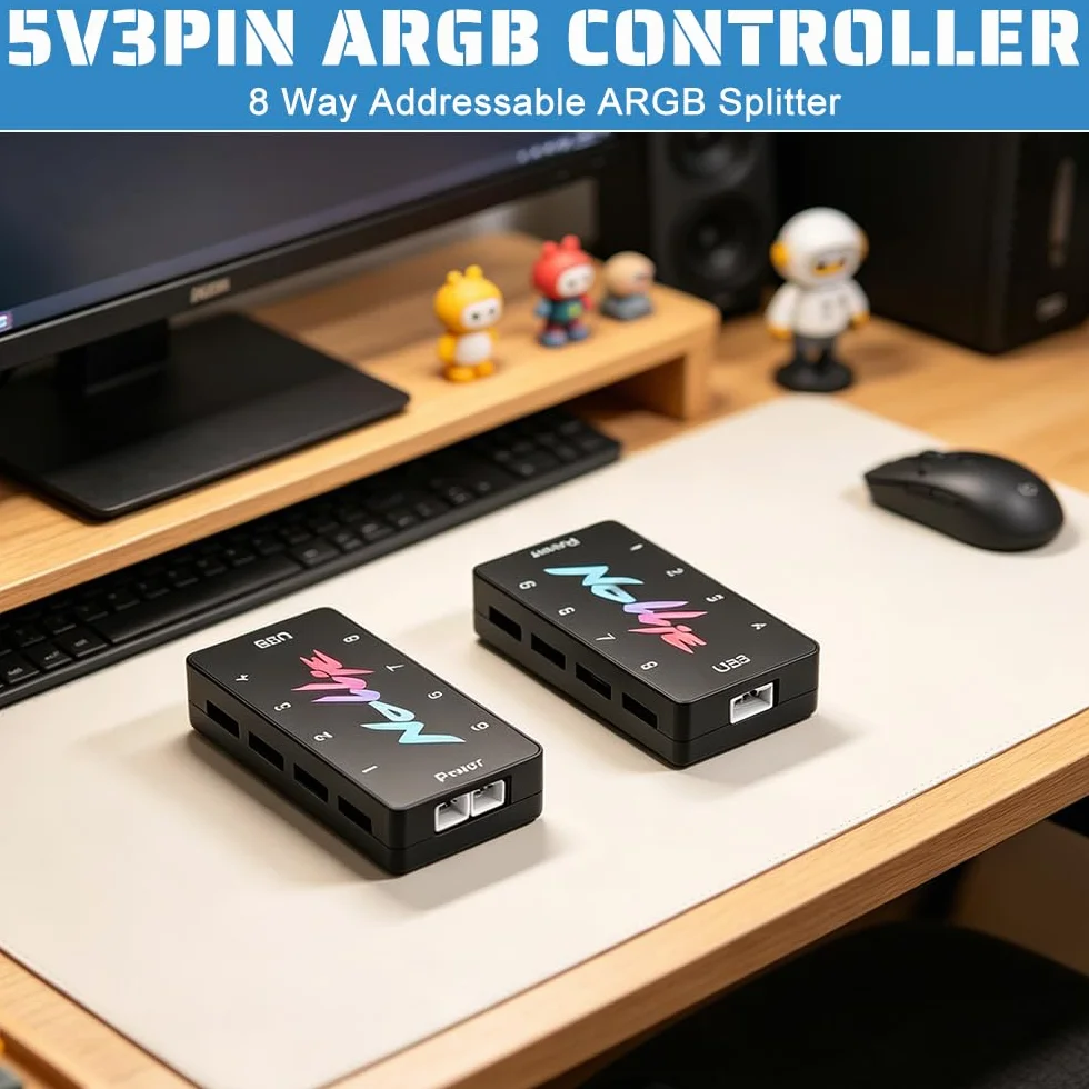 Kontroler ARGB, kontroler HOVCEH 5 V 3 PIN ARGB, hub do wentylatorów PC RGB z 2 portami zasilania SATA i 8 portami, procesor z rdzeniem RISC-V, kompatybilny z SignalRGB i OpenRGB