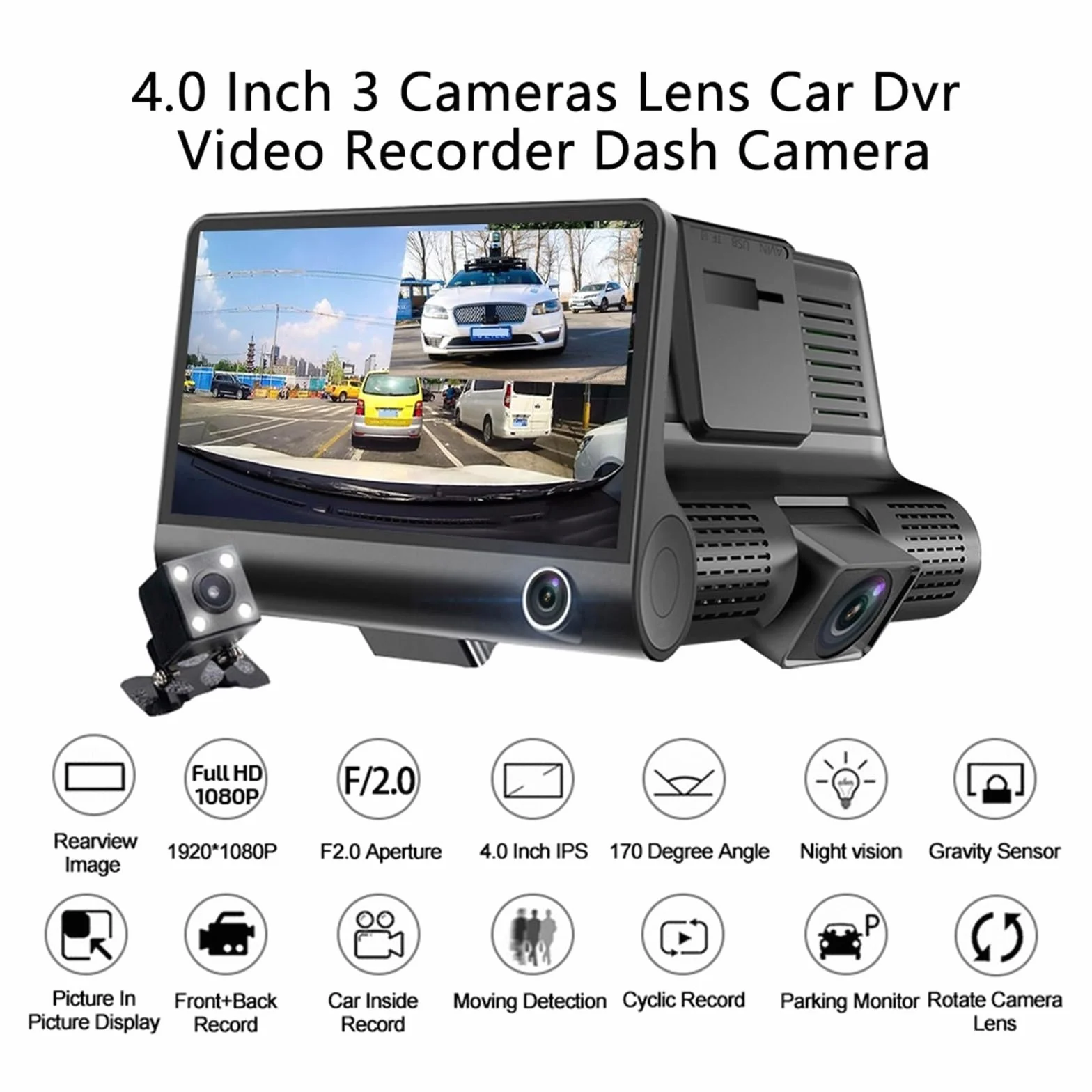Wideorejestrator samochodowy 3 kamery 4,0 cala kamera na deskę rozdzielczą rejestrator wideo rejestratory z 3-drożnymi kamerami Super Widzenie Nocne(Buck Line-3 Cameras,64G)