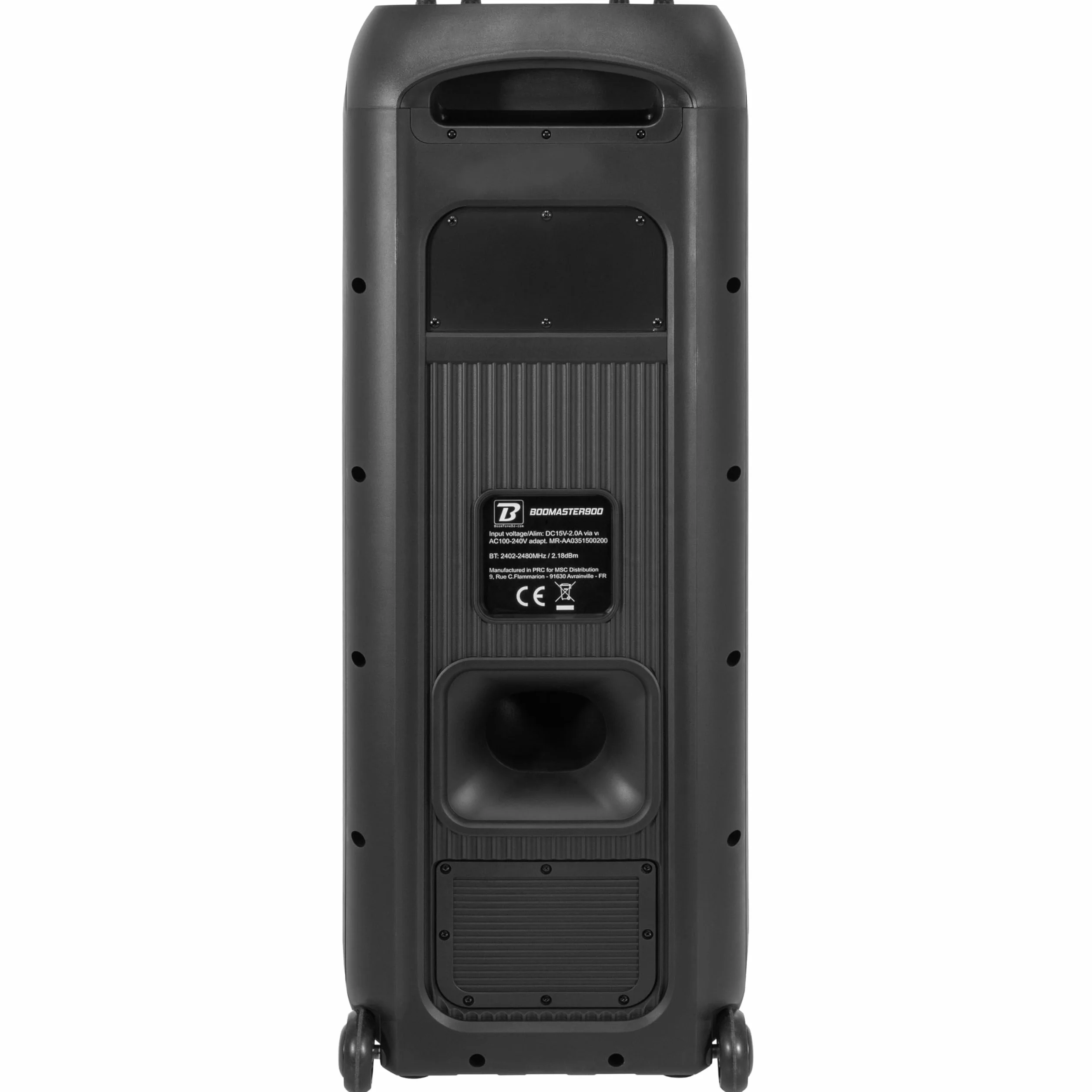 BoomToneDJ BOOMaster 900 - przenośny głośnik aktywny 900 W z efektami świetlnymi, Bluetooth 5.0, TWS, USB/SD, akumulatorem, kółkami i uchwytem.