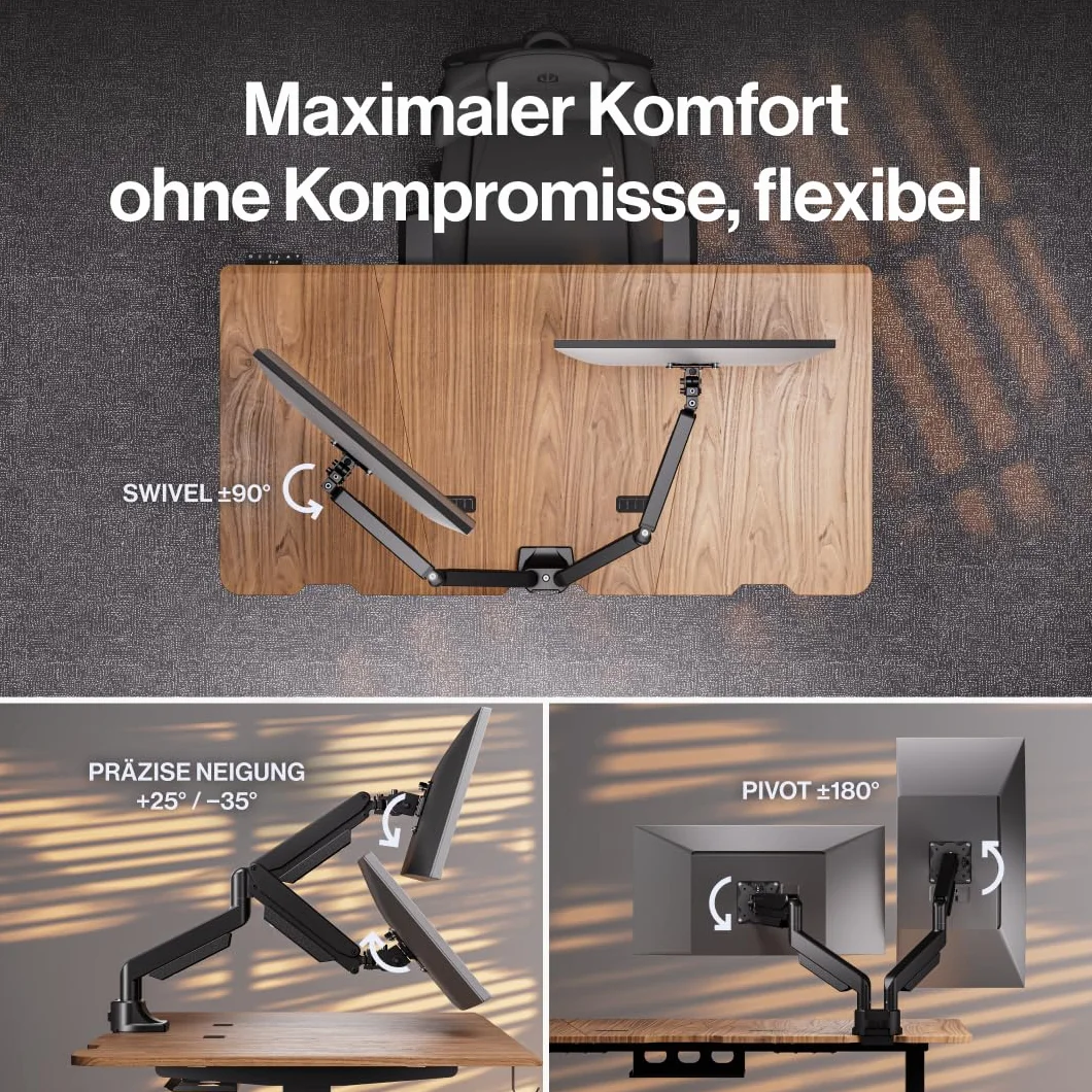 ENDORFY Atlas GS Pro Double – Wzmocnione Podwójne Ramię Gazowe do 2 Monitorów do 42", Udźwig 2x16 kg, Uchwyt Biurkowy VESA 75/100, Pivot 180°, Solidna Metalowa Konstrukcja, C-Clamp/Grommet