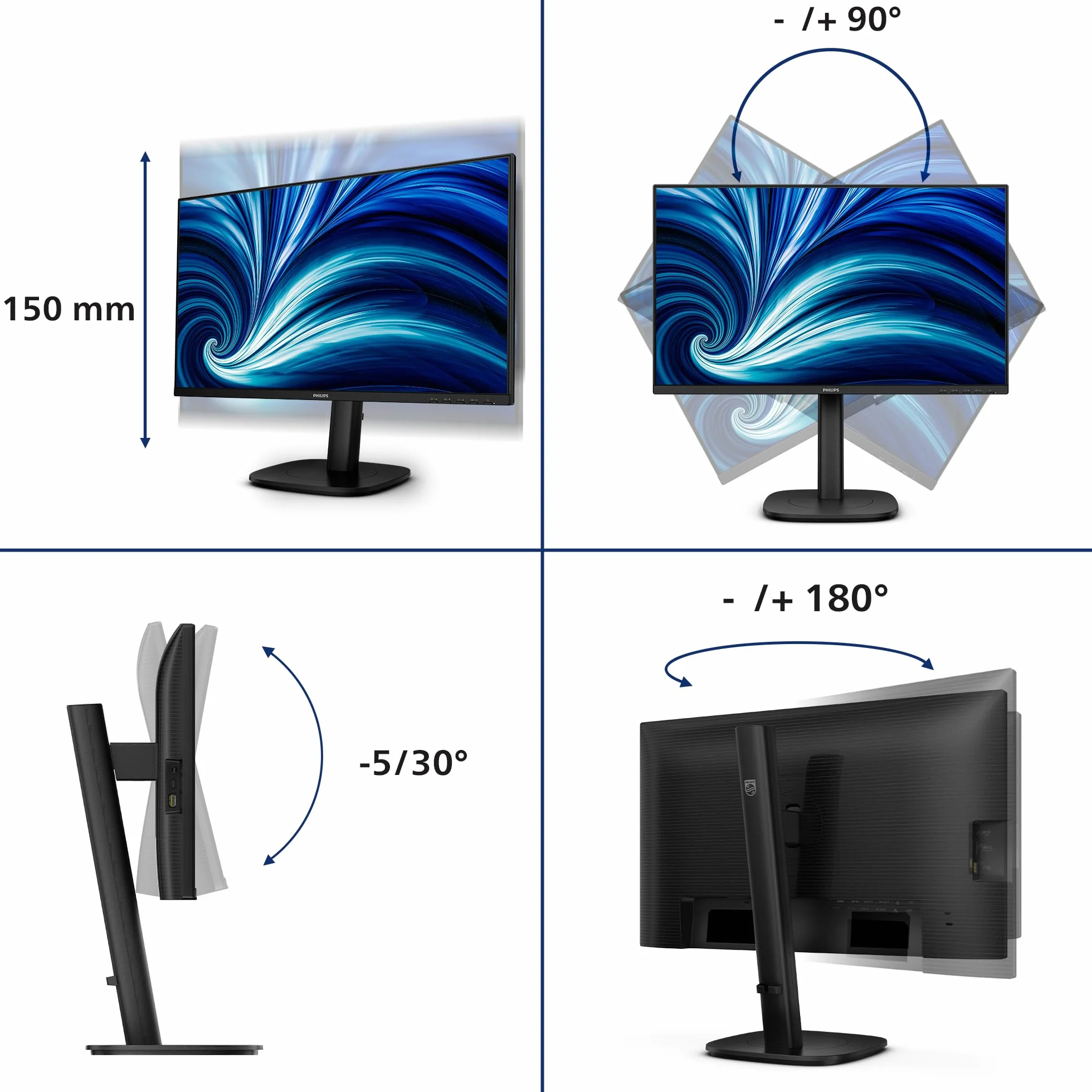 Philips Monitor 24B2U3601 23,8 cala WQHD 120Hz IPS Panel, 4ms GtG, regulacja wysokości, głośniki, hub USB (2560x1440 HDMI 1x 2.1 TMDS DP 1x 1.4) Czarny