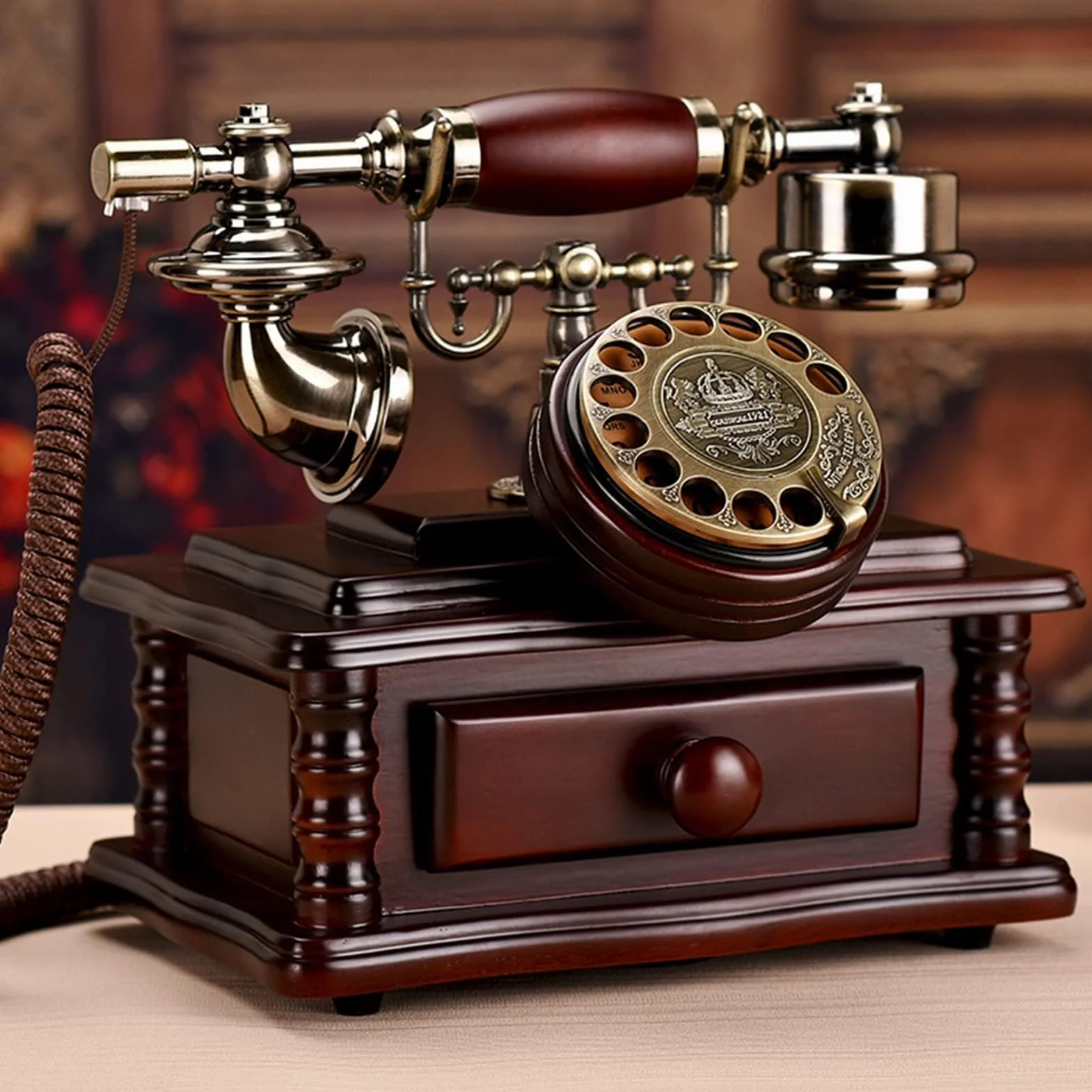 Telefon stacjonarny z obrotową tarczą, telefon stacjonarny z litego drewna, retro, z funkcją i szufladą do przechowywania do domu i biura