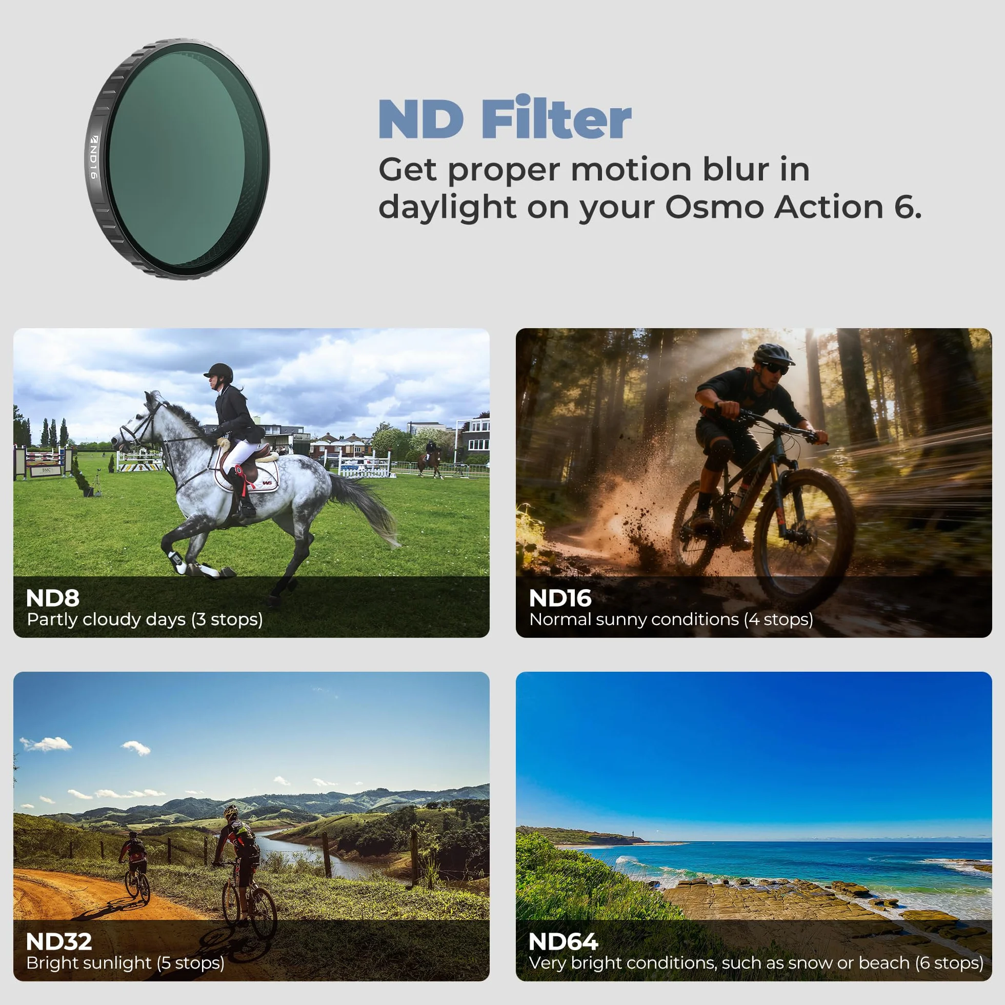 Freewell ND standardowy zestaw filtrów dziennych do DJI Osmo Action 6 | ND8, ND16, ND32, ND64,niezbędny do filmowania w świetle dziennym