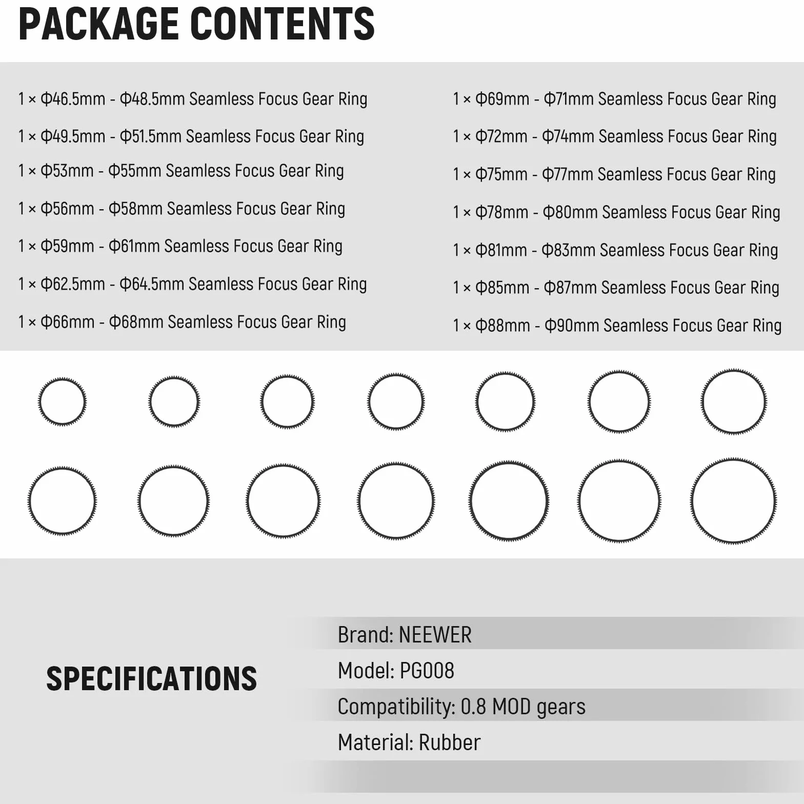 NEEWER Bezszwowy zestaw pierścieni przekładniowych 0,8 MOD do obiektywu ø46,5-90 mm, kompatybilny z SmallRig kompatybilny z Tilta NEEWER Follow Focus do obiektywów Canon, Sony, Nikon, Fujifilm, Sigma