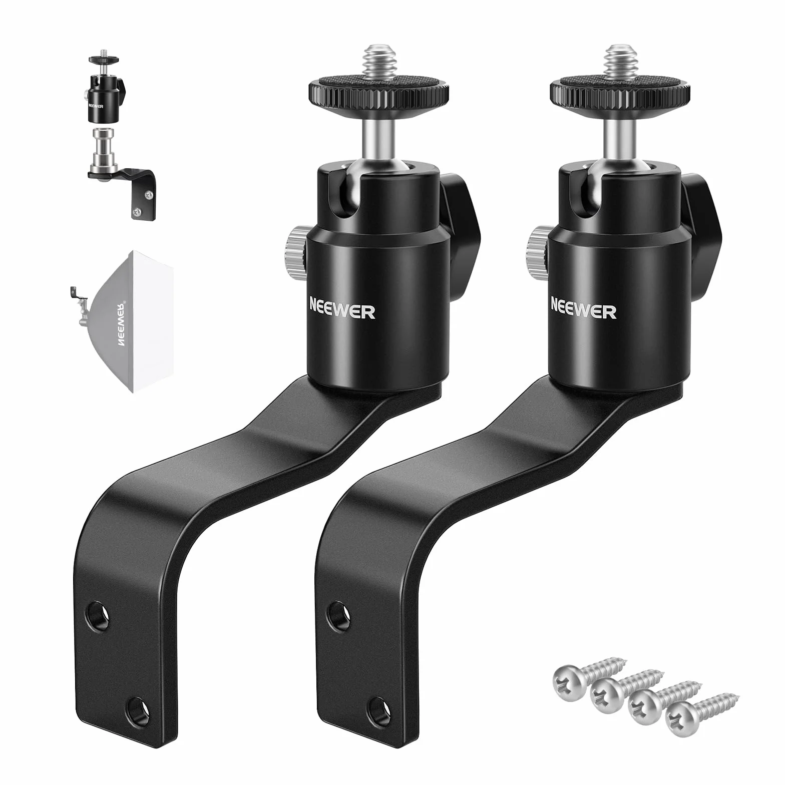 NEEWER 2-pak uchwyt ścienny typu E, uchwyt ścienny do oświetlenia pierścieniowego z odłączaną głowicą kulową, trzpień 5/20.3 cm, śruba 1/10.2 cm do oświetlenia studyjnego monitora kamery błyskowej