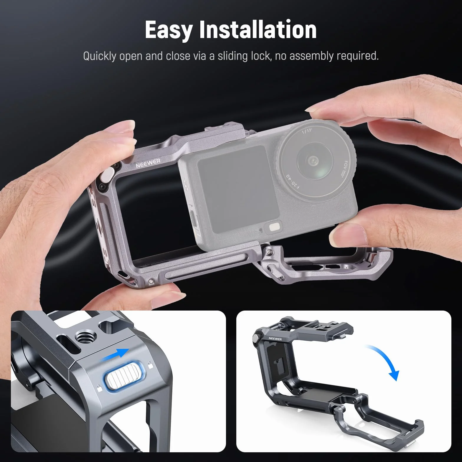 NEEWER Klatka ochronna kompatybilna z DJI Osmo Action 6, aluminiowa ramka rozszerzająca do szybkiego zwalniania, akcesoria do kamer akcji, gwint 1/4 cala i zimna stopka do statywu selfie Stick Mic LED