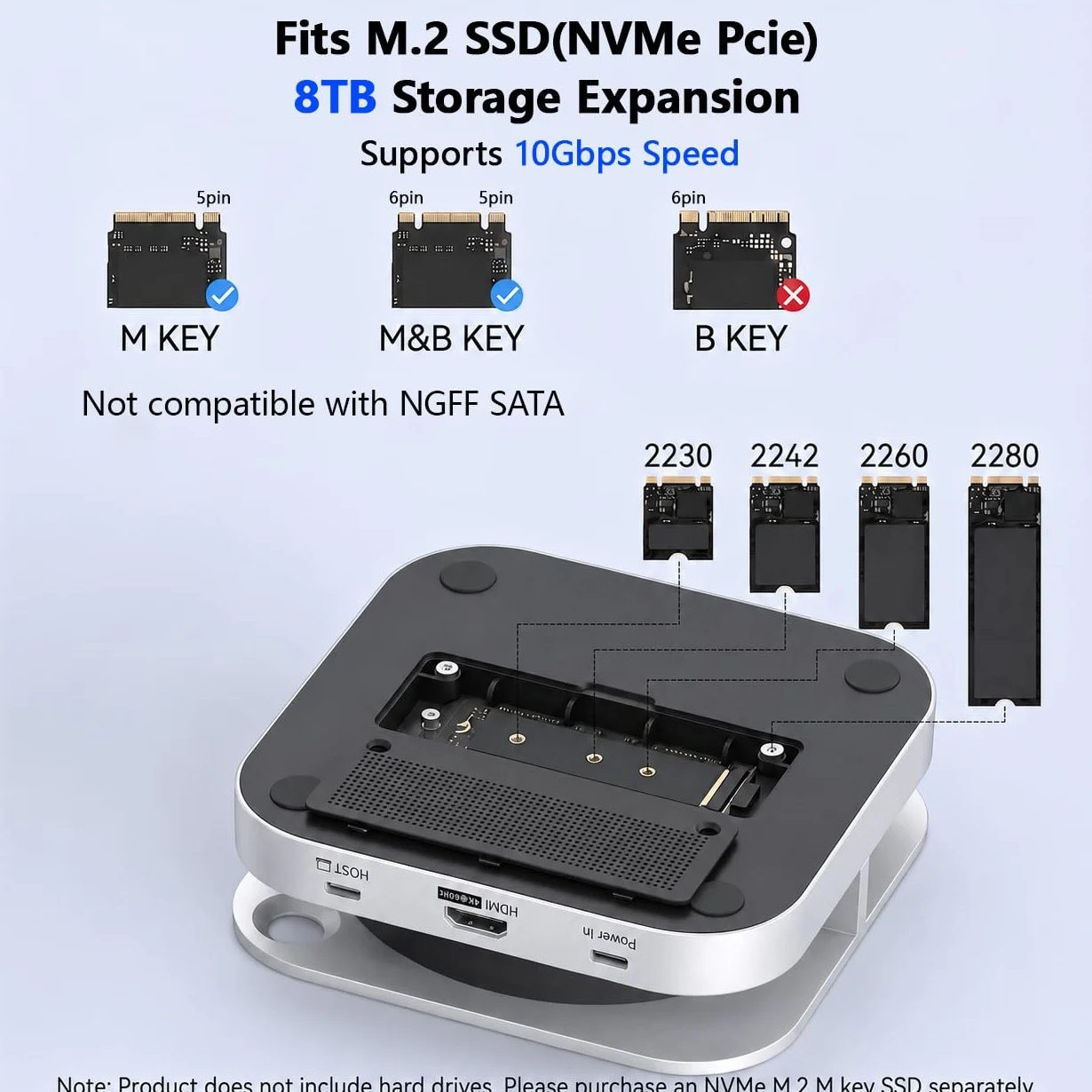 Mac mini M4 Dock, Stacja dokująca Mac mini M4 Pro z obudową NVMe M.2 SSD, 6 portów USB A 3.2 10Gbps, port danych USB C, czytnik kart 3.0 TF SD dla akcesoriów stacji dokującej Mac mini M4, adapter Mac