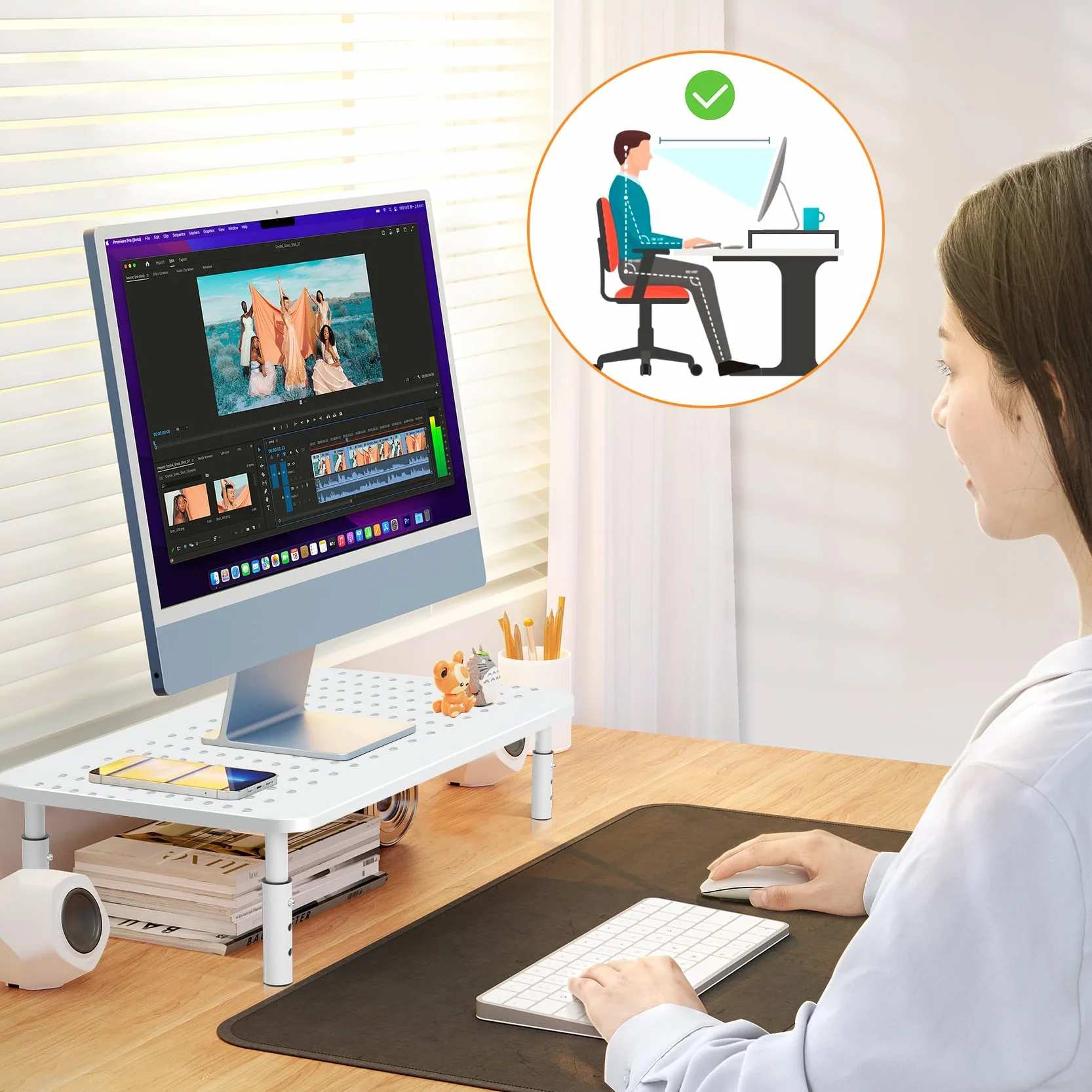 Bracwiser Stojak na monitor 3 Stojak na monitor o regulowanej wysokości z platformą z otworami na siatkę do laptopów, komputerów, PC, drukarek, projektorów do 20 kg, biały MST003W