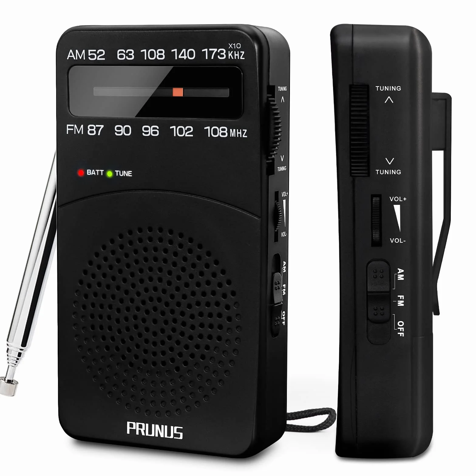 PRUNUS J-166 kieszonkowy tranzystor, małe radio przenośne AM FM, radio zasilane bateriami ze światłem strojenia, tylny klips, doskonały odbiór do użytku na zewnątrz, wewnątrz i w sytuacjach awaryjnych