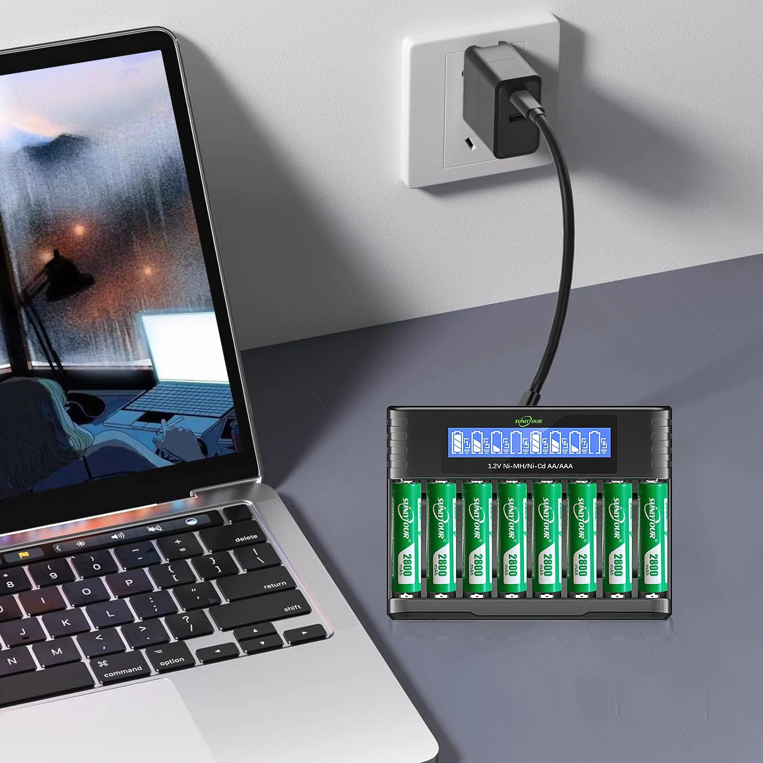 2800mAh Ni-MH AA Bateria z ładowarką,SUNLYTOUR 8 Sztuki 2800mAh AA Ni-MH Baterie z 8 Gniazdami AAA AA Ładowarka,Ładowanie do 1200 Cyklów