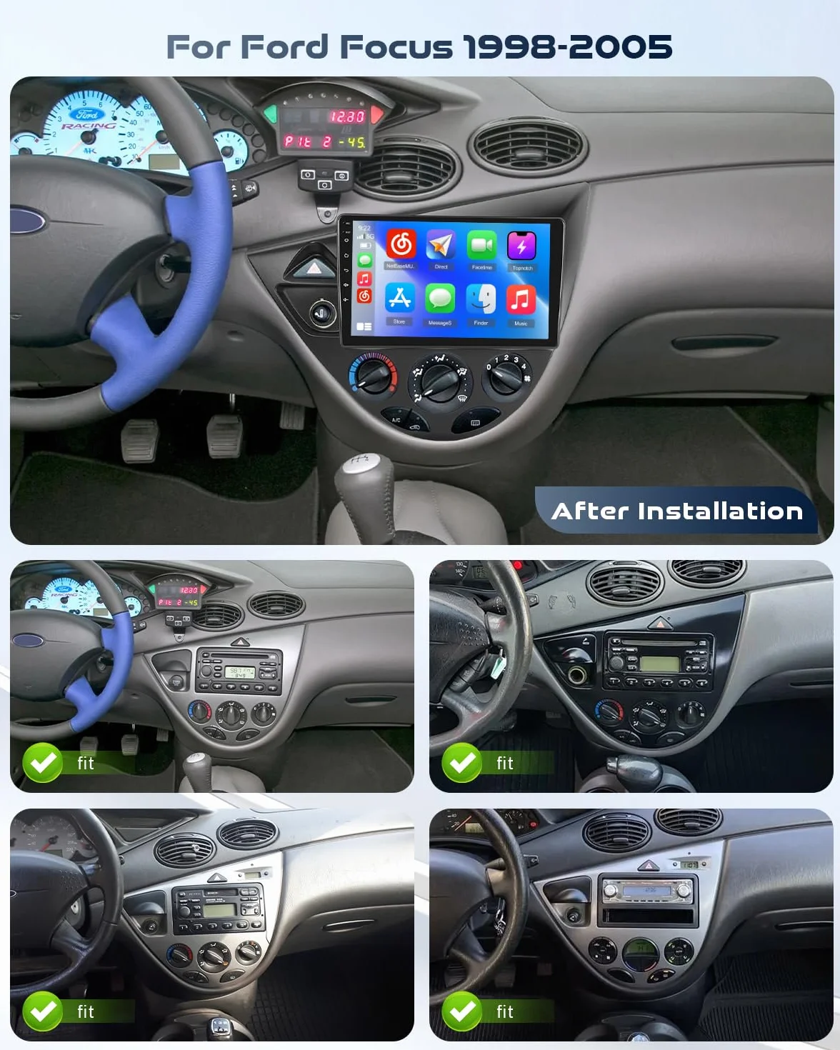Roinvou Radio samochodowe do Ford Focus 1998-2005 Wireless CarPlay Android Auto MirrorLink, 9-calowy ekran dotykowy radia z Bluetooth EQ FM UI SWC Kamera cofania