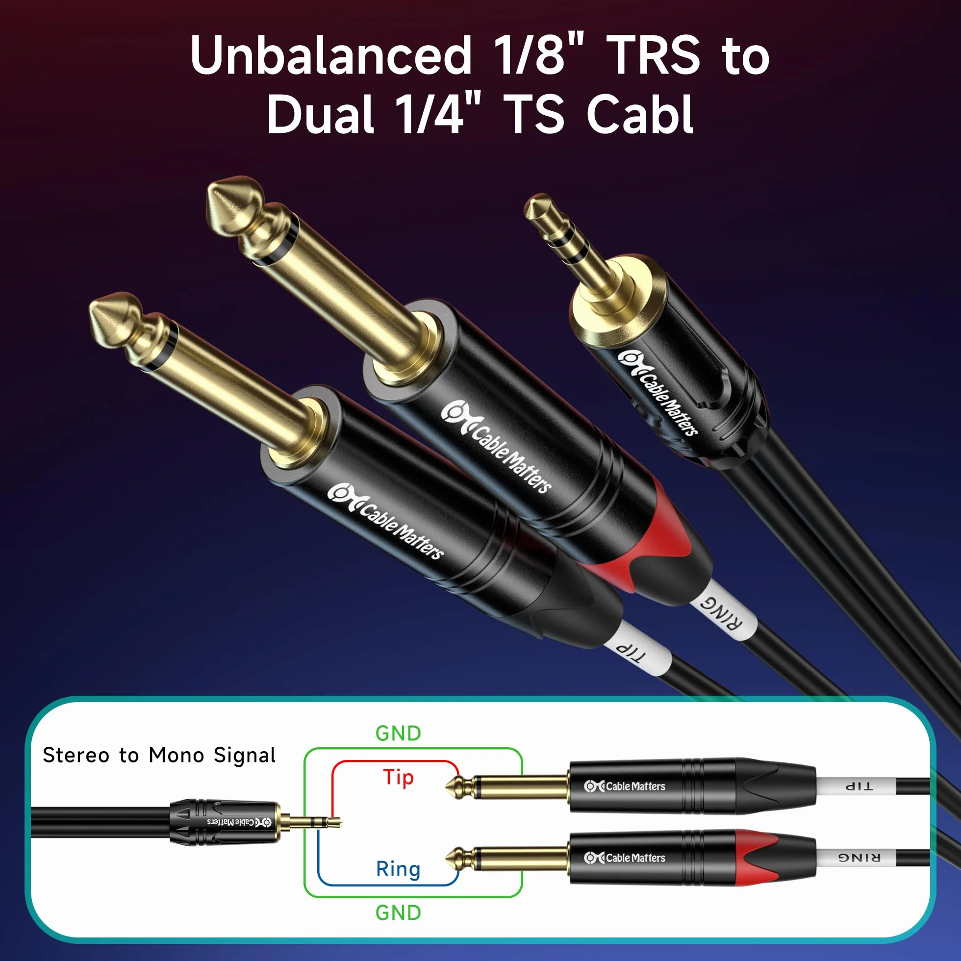 Cable Matters Kabel mini jack do podwójnego gniazda 1,8 m, 3,5 mm do 6,35 mm, 3,5 mm TRS na podwójny kabel TS 6,35 mm, mini jack do gniazda 1/10.2 cm, gniazdo stereo do 2 gniazd mono