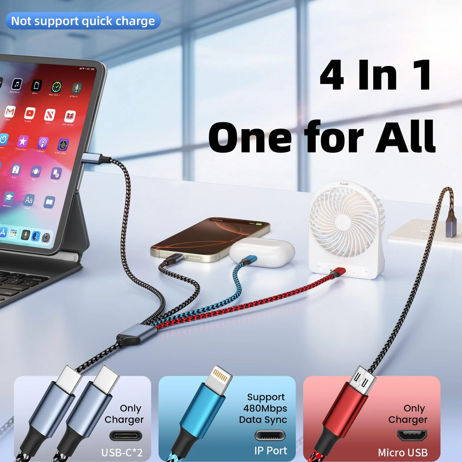 Podwójny kabel USB do ładowania z dwoma portami typu C, kable do ładowania 4 w 1 do wielu urządzeń, kabel do ładowania telefonu z portem iPhone 17/IP/Micro do iPhone'a 16-12/Androida/iPada (2 szt.)