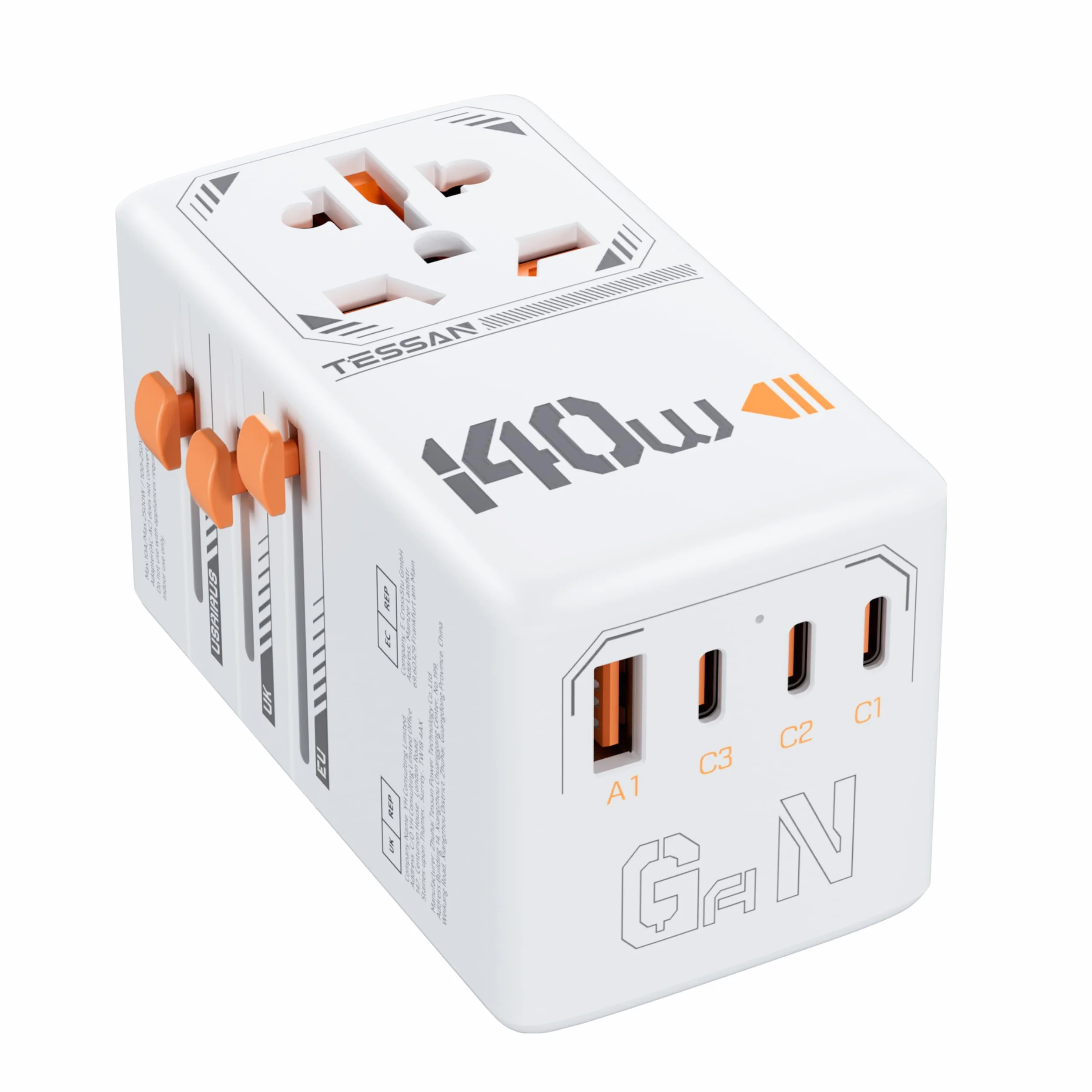 TESSAN 140W GaN Travel Adapter na całym świecie, Szybkie ładowanie Adapter, Podróżne wtyczki na całym świecie z 3 USB C, 1 USB A, Podróżne zasilanie dla UE USA Japonia Tajlandia Australia Kanada