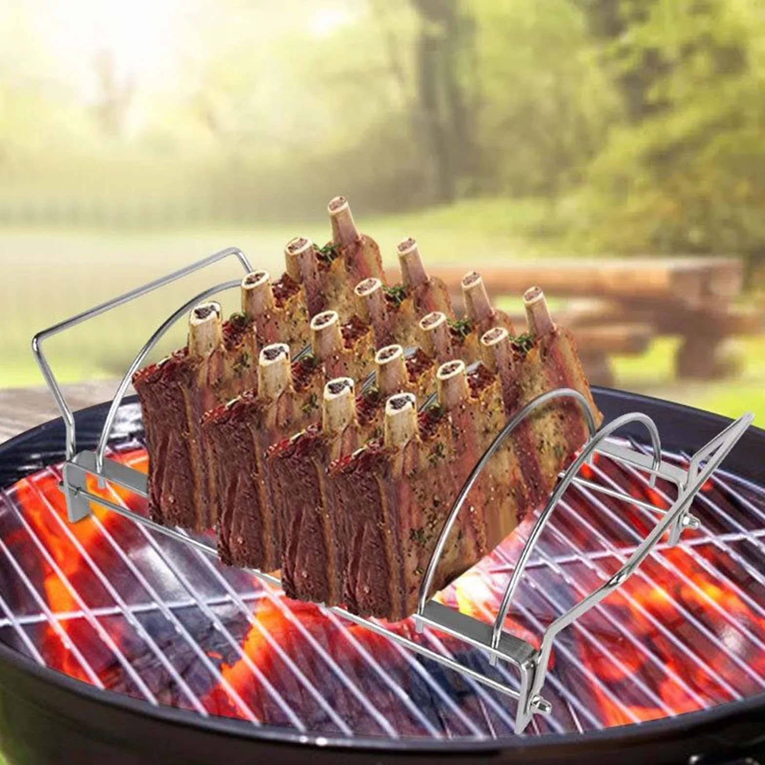 Stojak żeberkowy, stojak do grillowania ze stali nierdzewnej, 33 x 18 x 9 cm, pionowa konstrukcja szczelinowa, równomierna cyrkulacja ciepła, uchwyt do klasy spożywczej do wędzarni, akcesoria