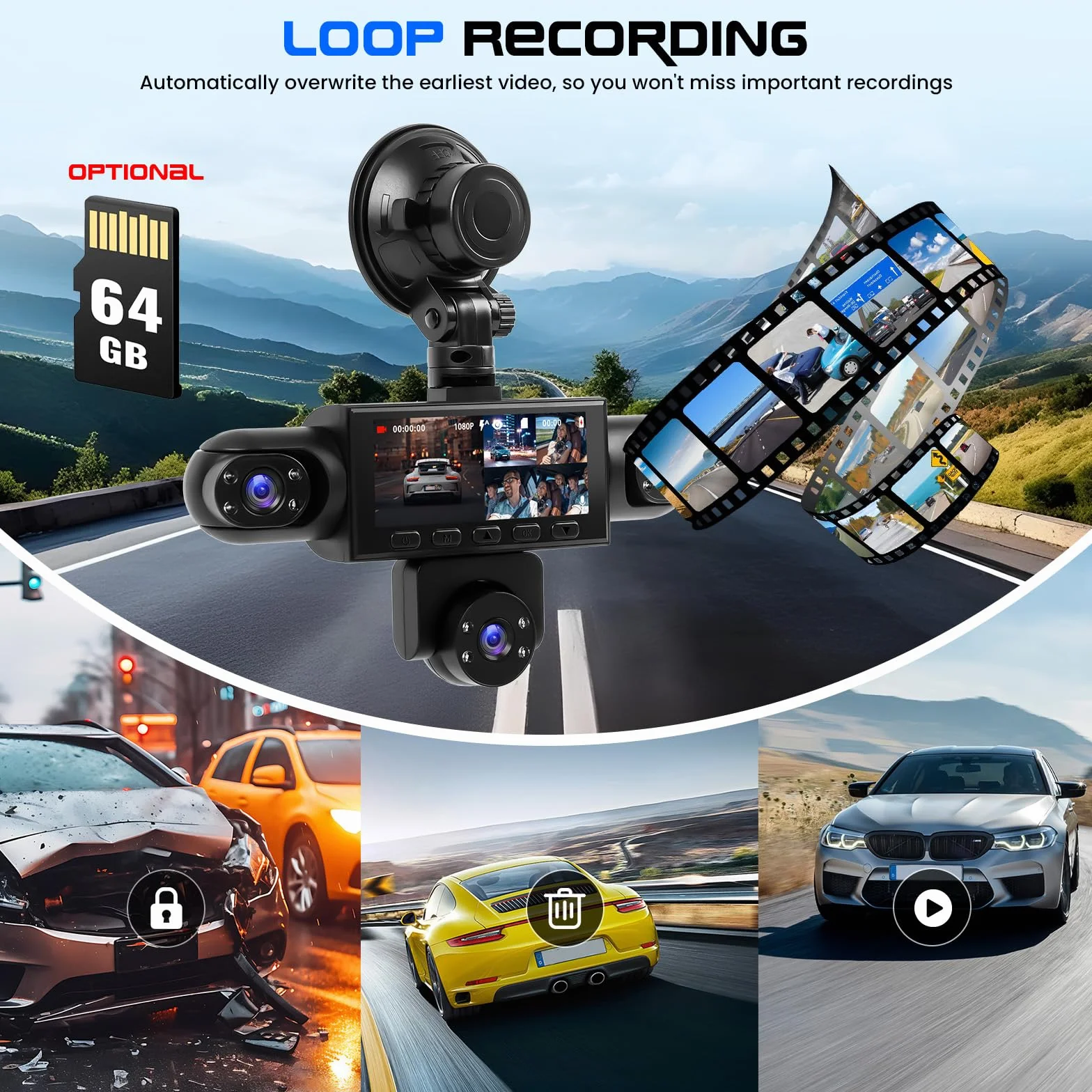 CAMECHO 5-kanałowa dashcam z widzeniem nocnym 1080P obrotowa o 360° kamera samochodowa przód i tył 3,16″ tryb postojowy asysta przy cofaniu nagrywanie cykliczne wykrywanie ruchu