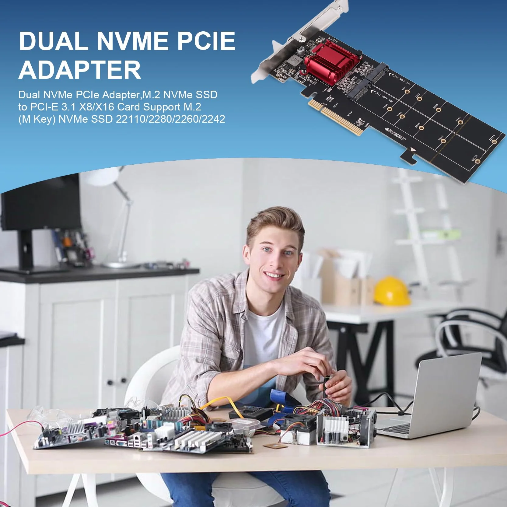 Podwójny adapter NVMe PCI, M.2 NVMe SSD do PCI-E 3.1 X8/X16 obsługa karty M.2 ( M) NVMe SSD 22110/2280/2260/2242