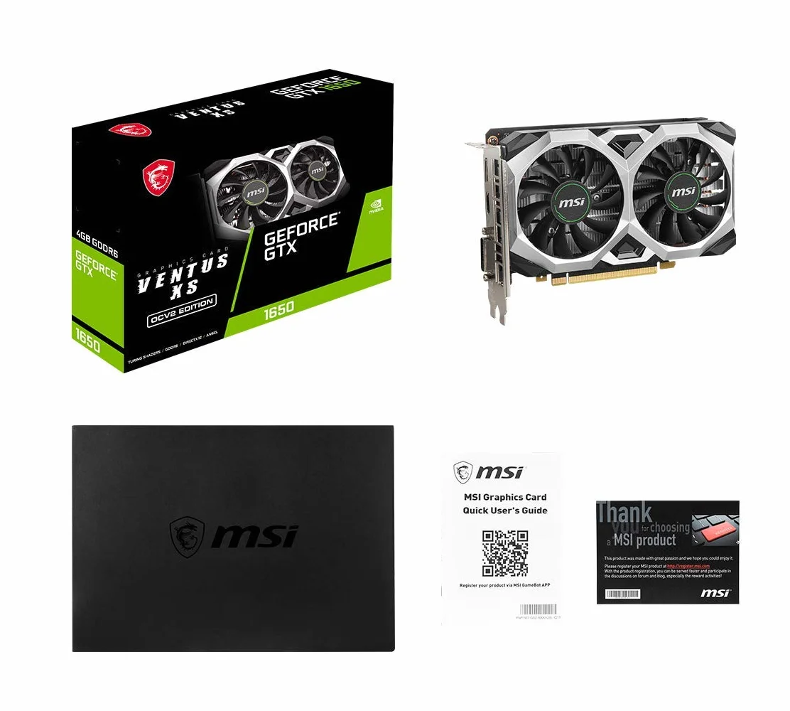 MSI Karta graficzna GeForce GTX 1650 D6 VENTUS XS OCV2 '4 GB GDDR6, 1620 MHz, 128-bitowy, PCI Express x16 Gen 3, DisplayPort, HDMI, DVI-D, system chłodzenia Dual Fan Cooling'