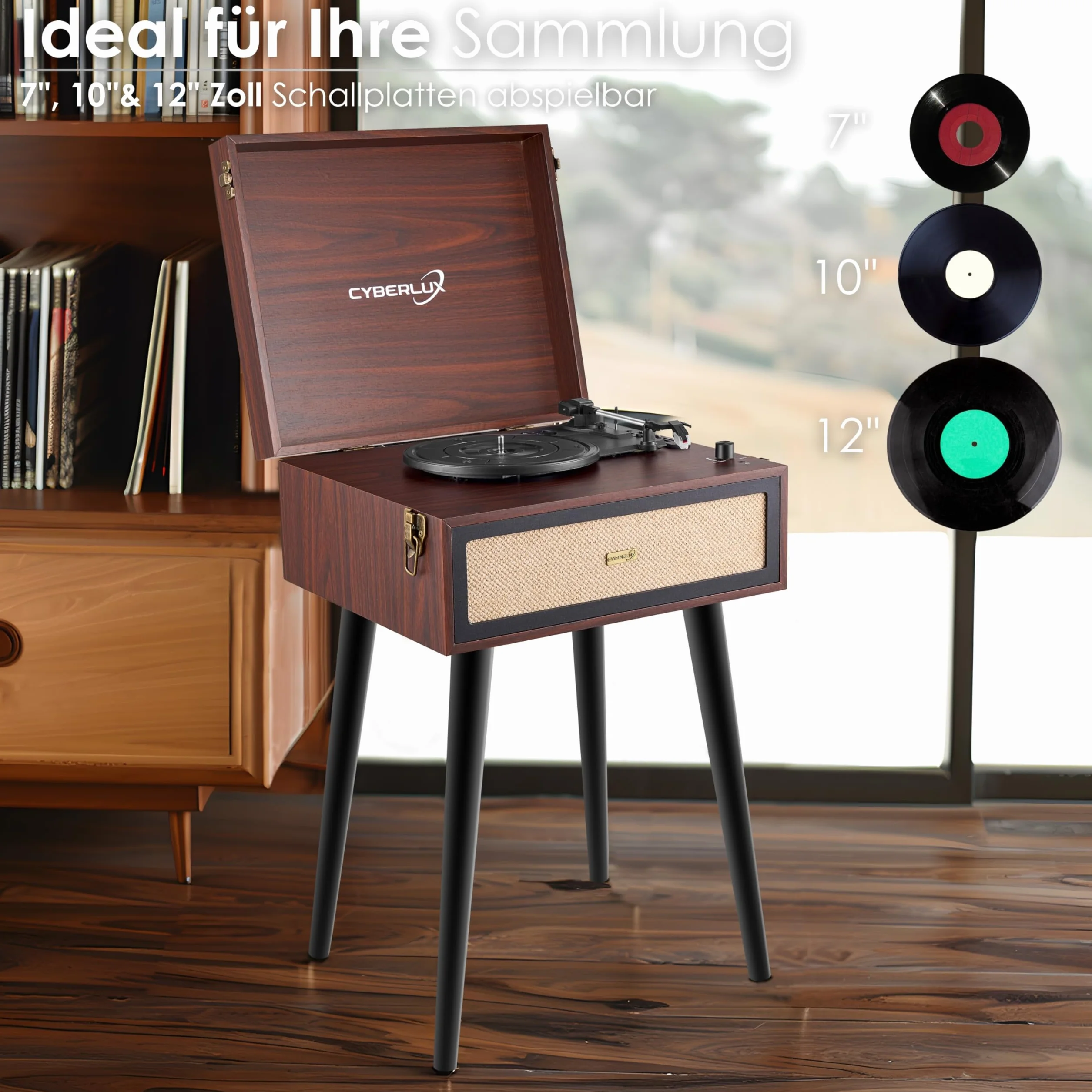 Retro Gramofon ze Stojakiem i Nóżkami - Głośnik Full Range Bluetooth, Radio FM, USB, Wyjście AUX IN, Micro SD - Winylowy Nostalgiczny Odtwarzacz
